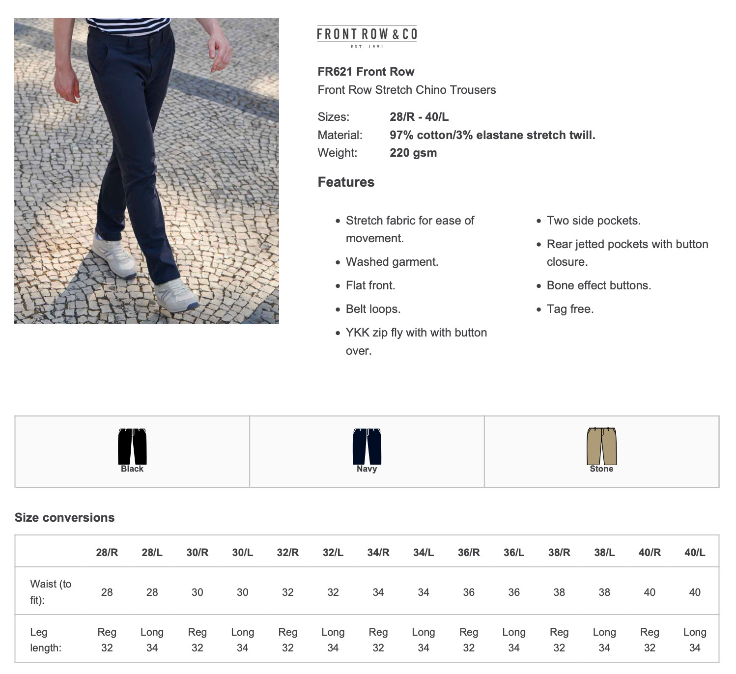 Front Row Stretch Cotton Chinos BLUE BLACK or BEIGE Trousers