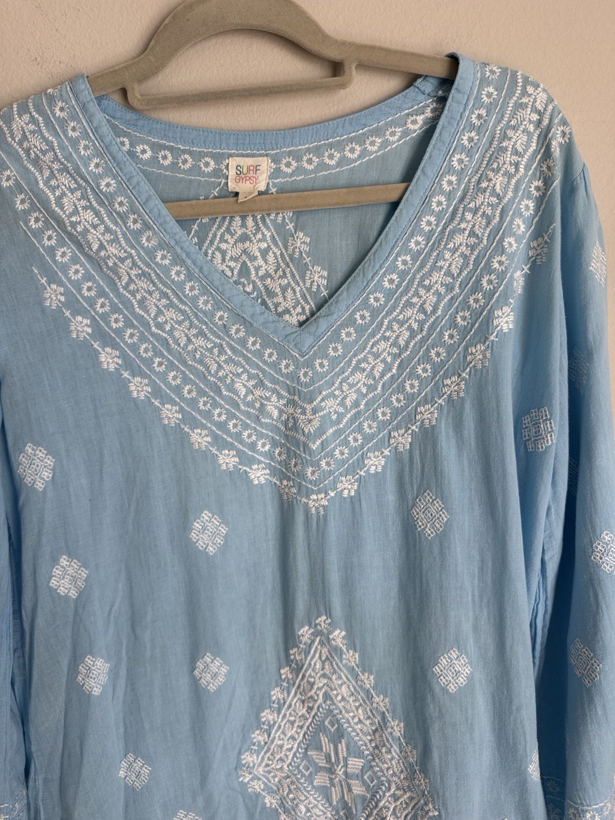 Surf Gypsy Blue Embroidered Cotton Tunic Boho Beach Cover Up Top Medium