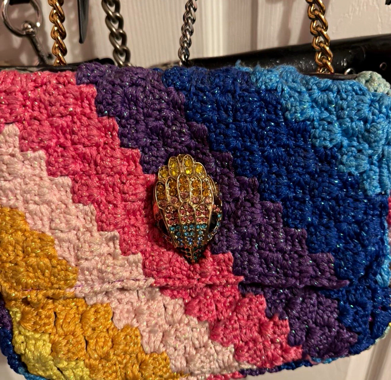 Kurt Geiger Multicolor Beaded Quilted Shoulder Bag Gold Chain Magnetic