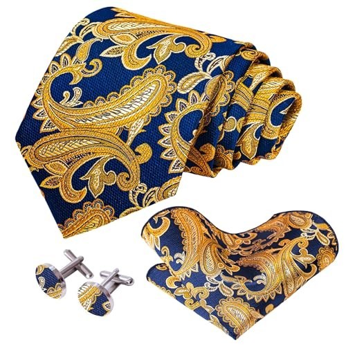 5PCS Men’s Silk Necktie Set with Pocket Square, Cufflinks, Gold Ring & Lapel Pin
