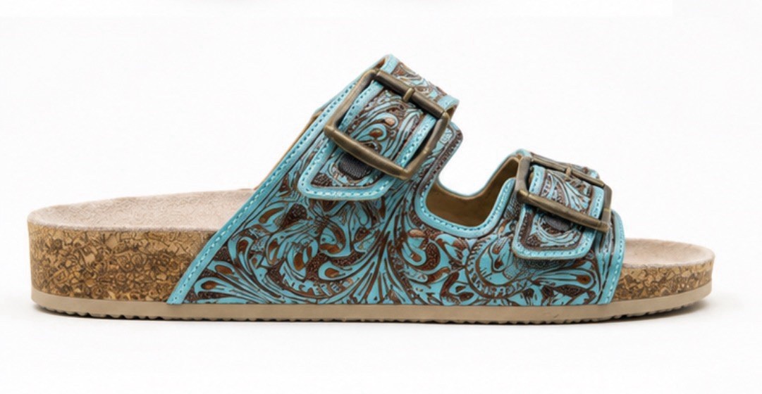 MYRA Leather Slide Sandals Turquoise/Brown Floral Double Buckle 10