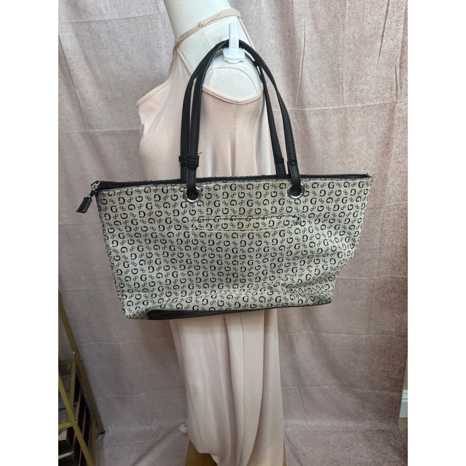 Guess Monogram Logo Canvas Tote Bag Black Tan Zip Top Shoulder Bag