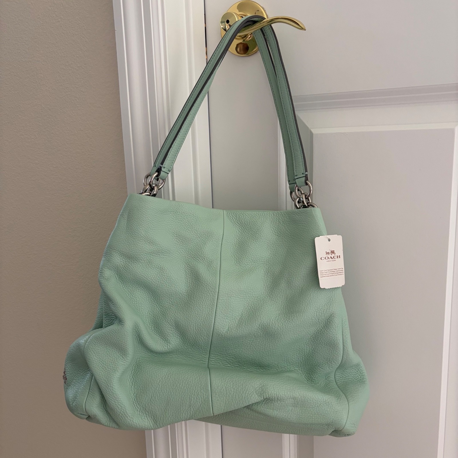 NWT $395 Coach Madison Phoebe Pebbled Leather Shoulder Bag Mint Green Silver