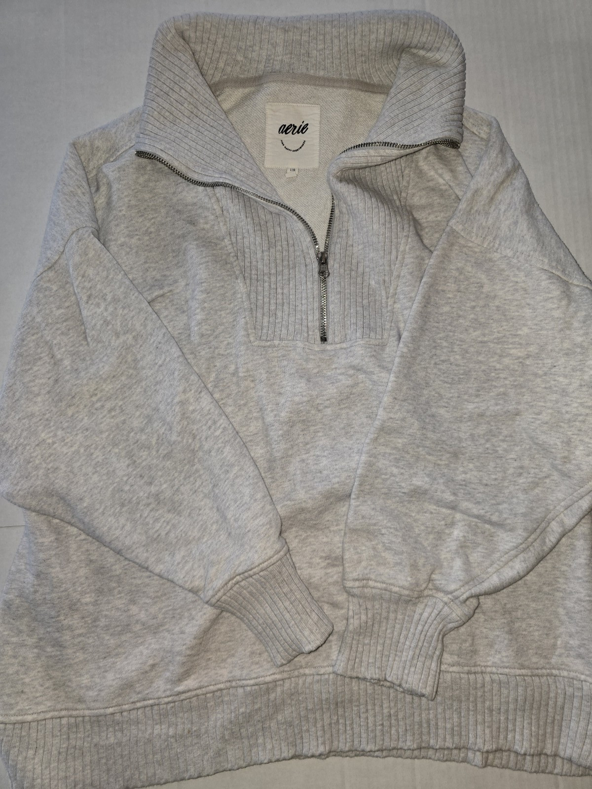 Aerie Gray Cotton Knit 1/4 Zip Mock Neck Long Sleeve Pullover Sweater L