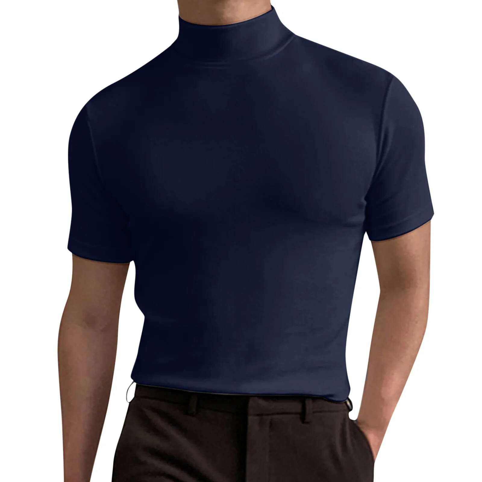 Men Turtleneck Short Sleeve Slim T-shirts Summer Male Solid Color Skinny Base