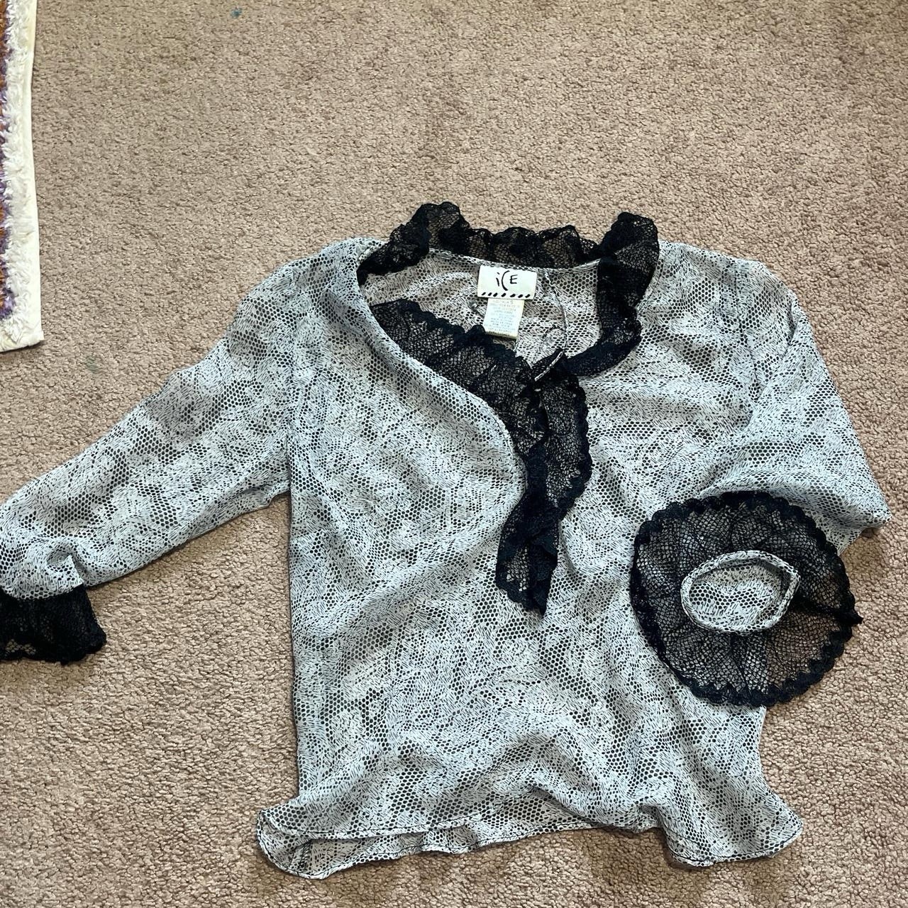 Vintage iCé Women’s Sheer Gray/Black Animal Print Lace Blouse, 3/4 Sleeve, S