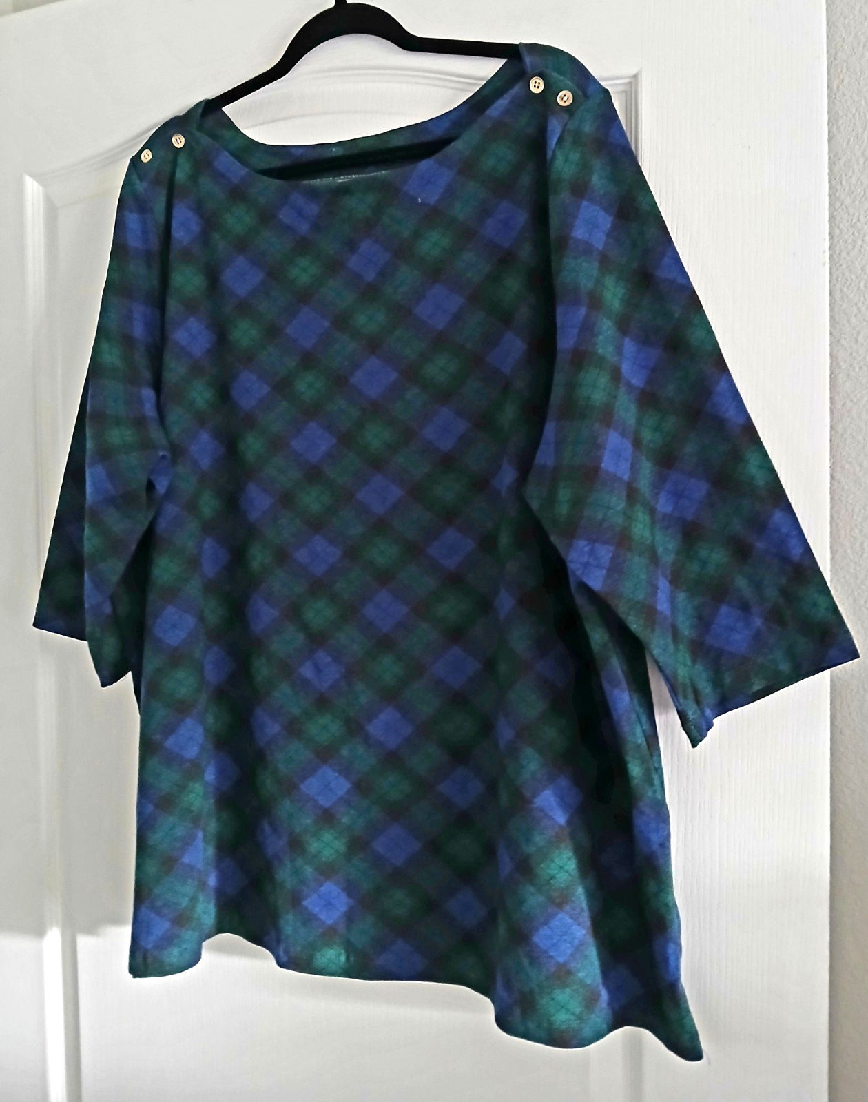 JESSICA LONDON 26/28 Blue Green Plaid Top Stretchy 3/4 Sleeves