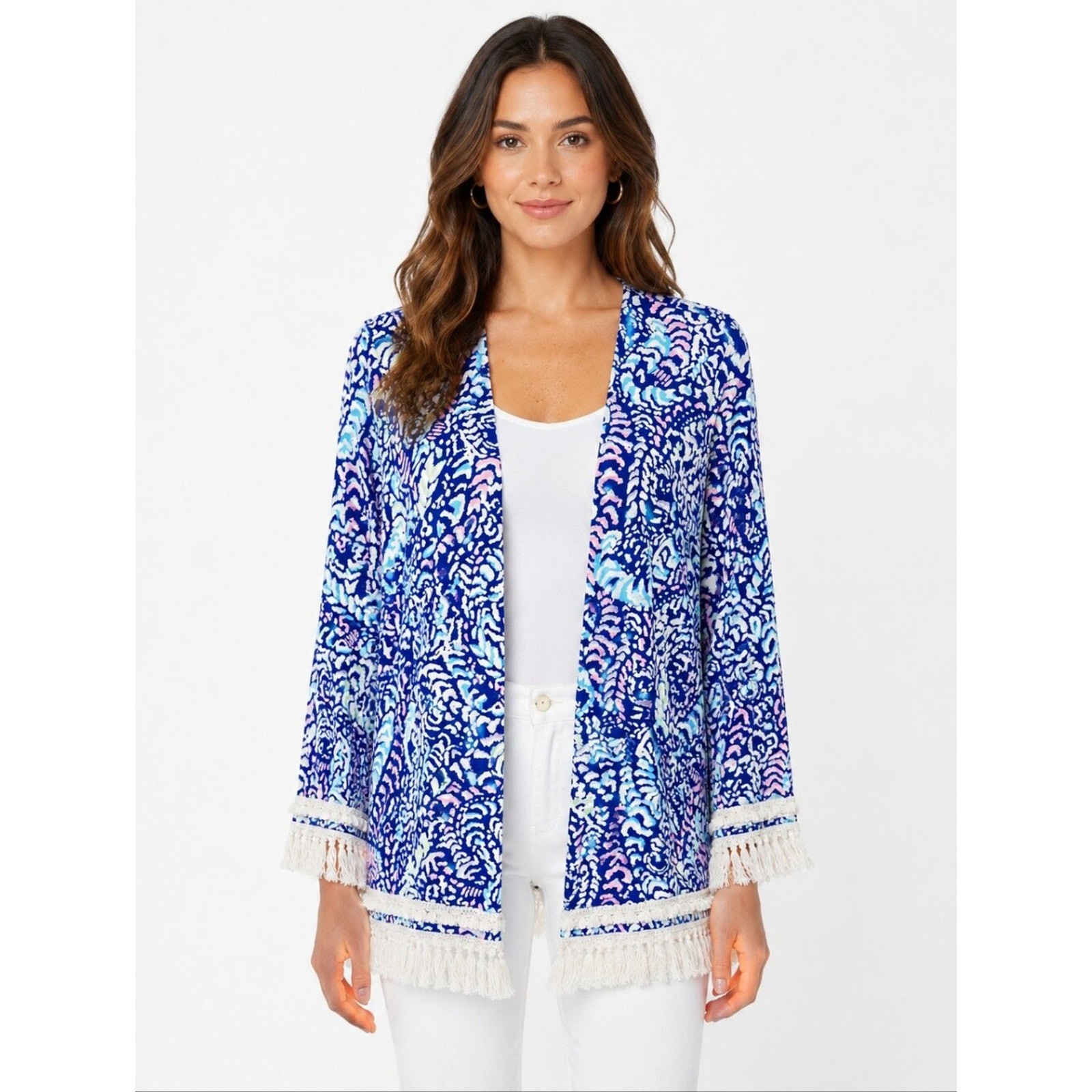 Lilly Pulitzer Fringe Trim Open Front Cardigan Blue Print Size Small