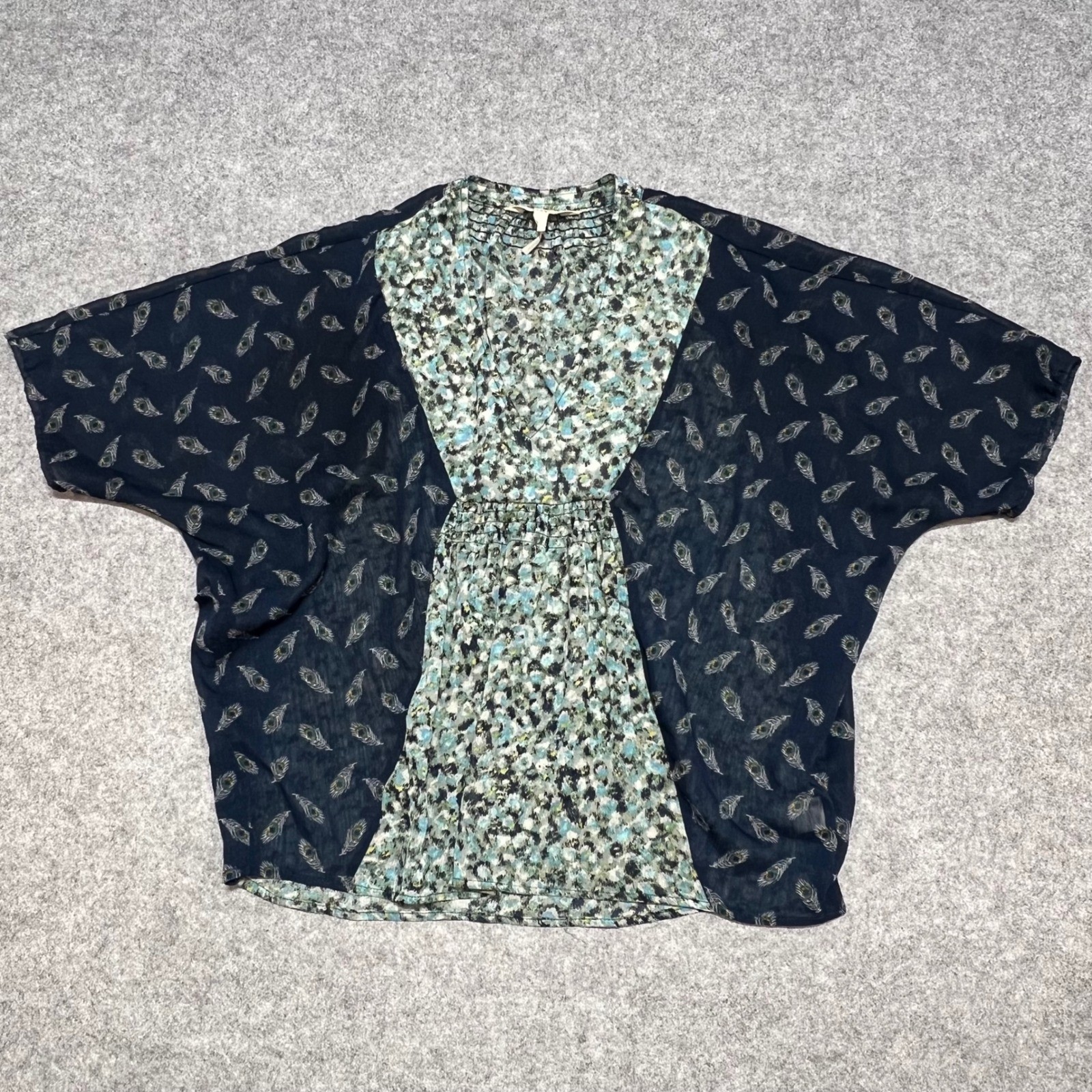 Black Poppy Navy Floral Peacock Print Batwing Blouse XS