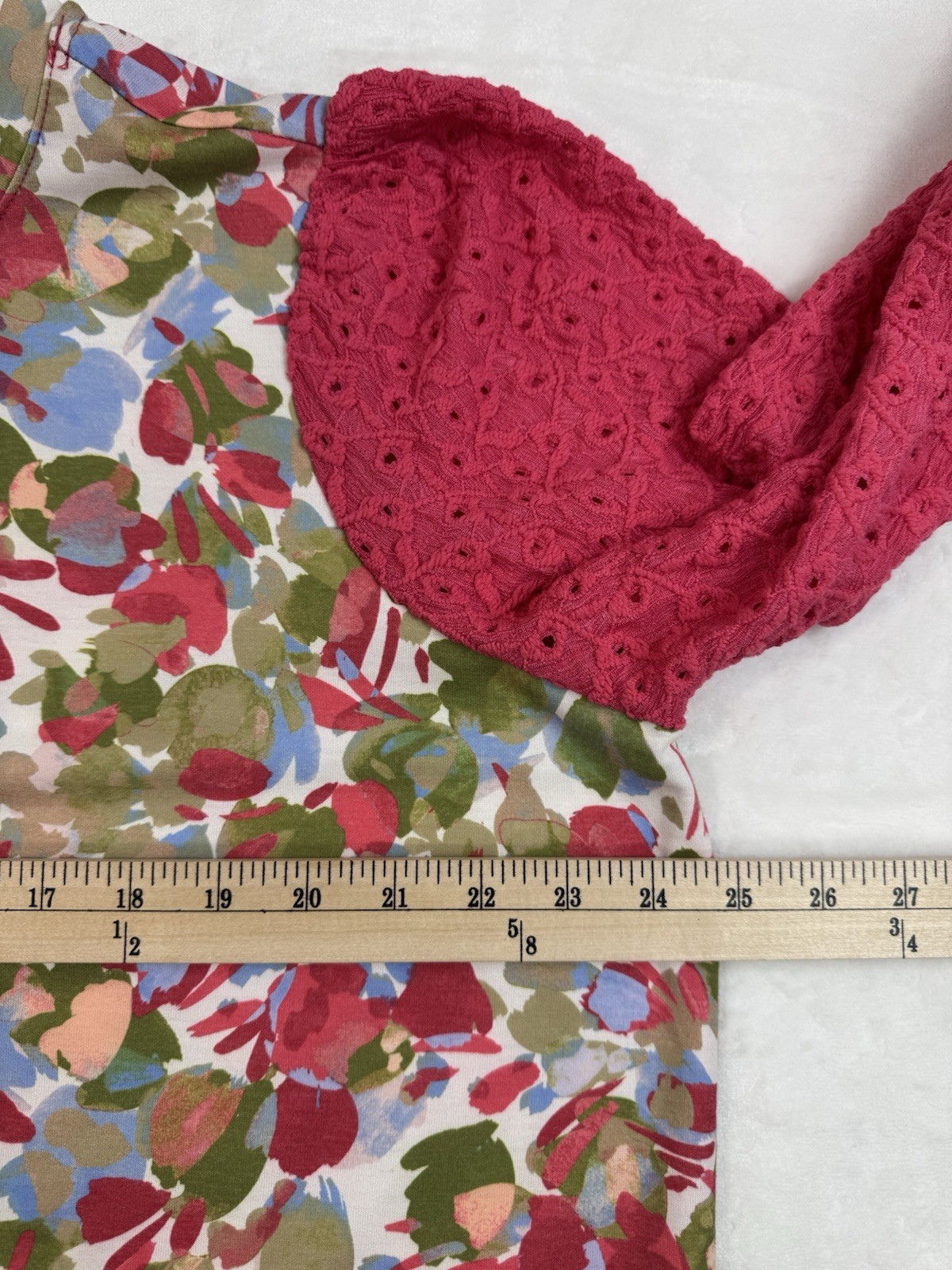 LOGO Lori Goldstein 3/4 Sleeve Top Eyelet Lace Sleeve Pink Rose Cloud Pockets 1x
