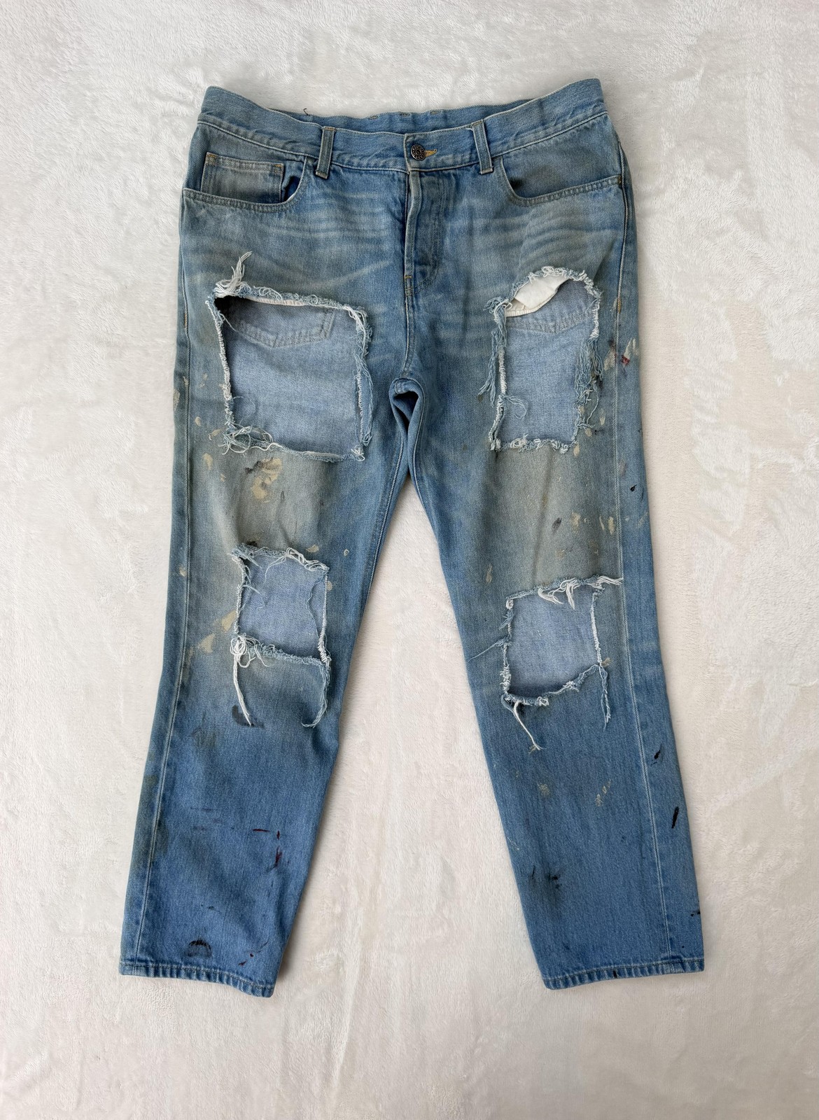 Gucci Jeans Mens 50 34×28 Blue Light Wash Hand Painted Distress Denim Italy Made