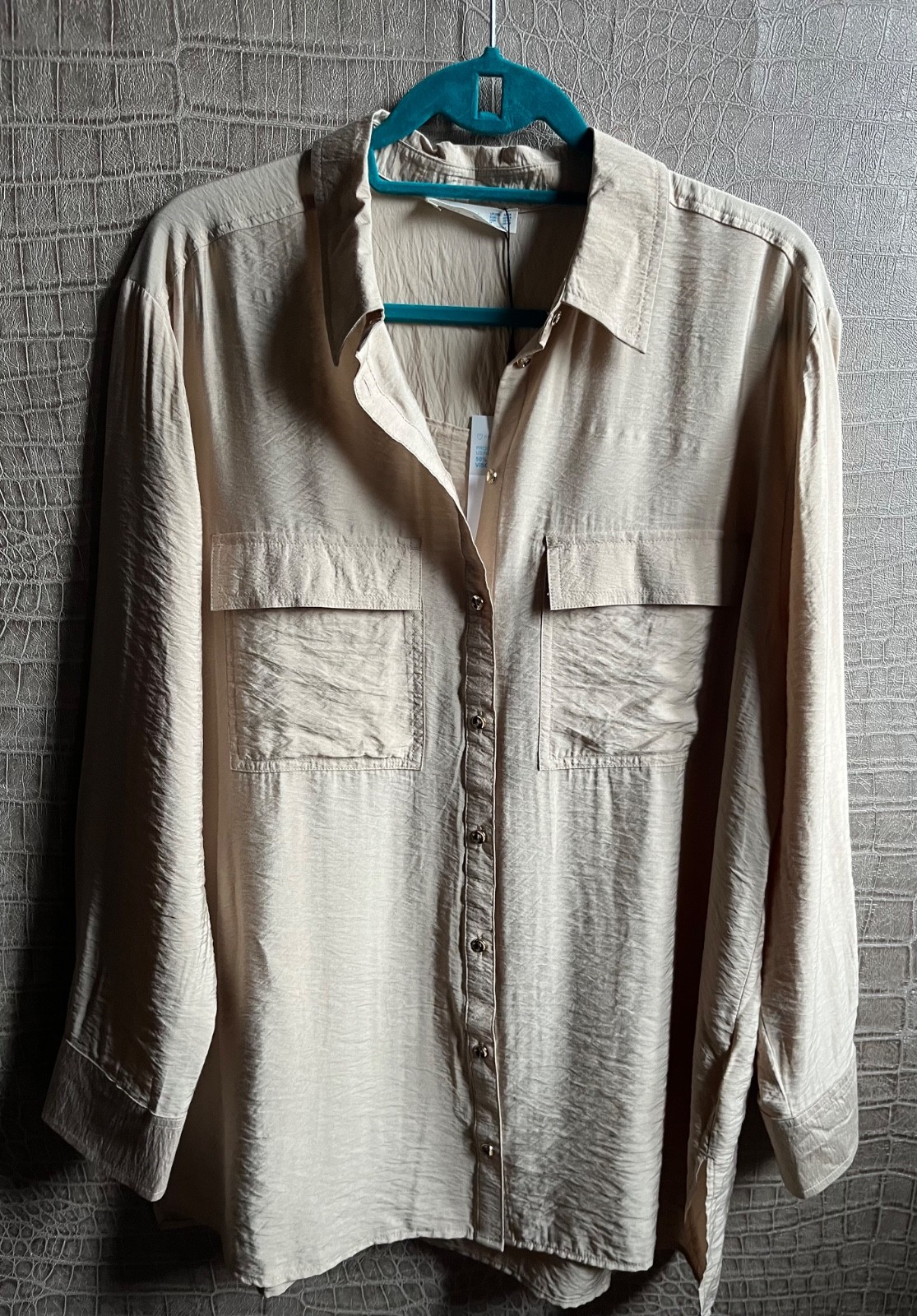 nice shirt blouse quirky lightweight fabric sheen champagne stone L 14 16 new