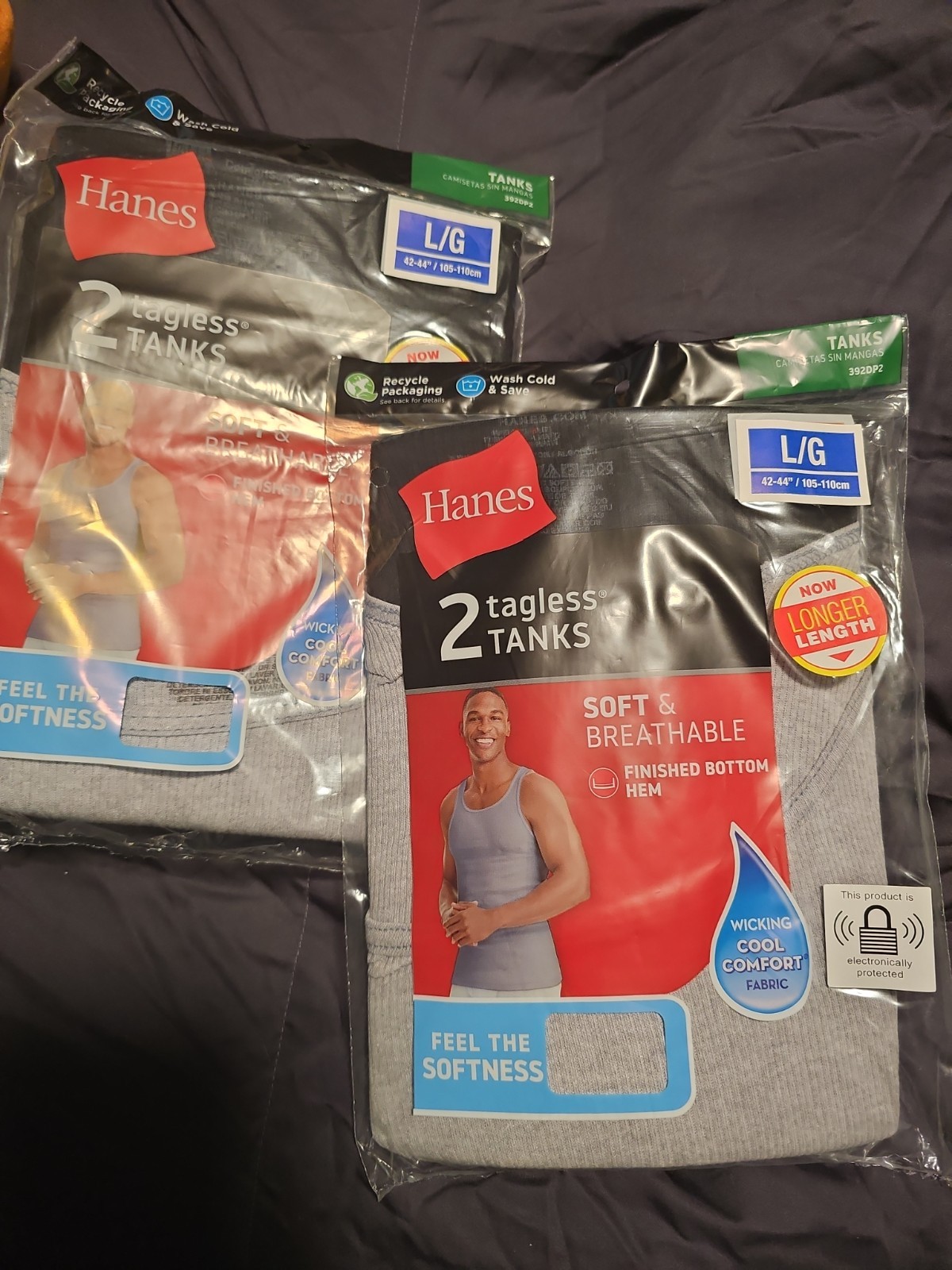 Hanes Tagless Breathable Ribbed Cotton Tank Undershirts Gray L/G 2-Pack 3920P2