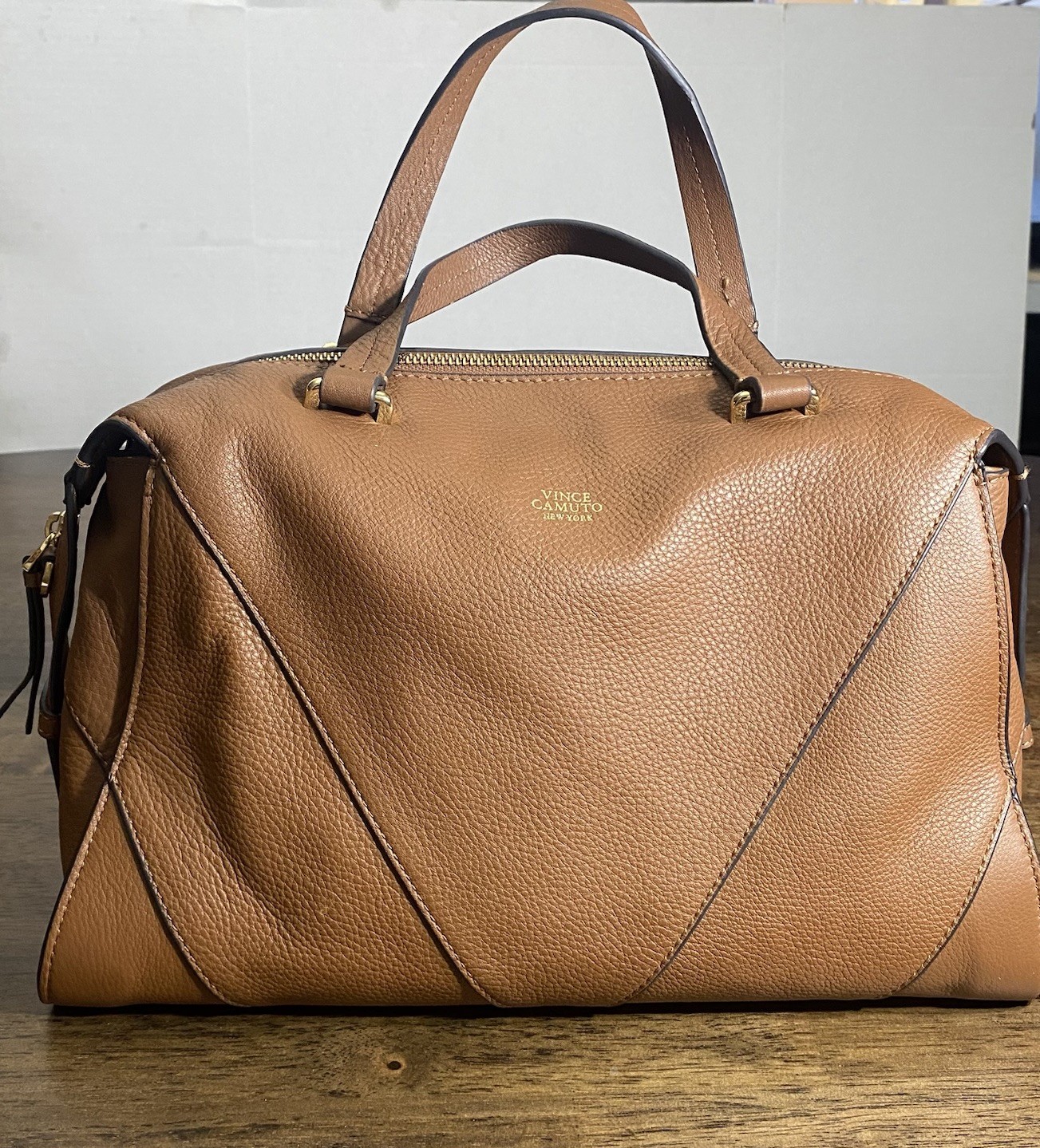 Vince Camuto Blaza Satchel Pebbled Leather Bag Top Handles Full Zip Color Brandy