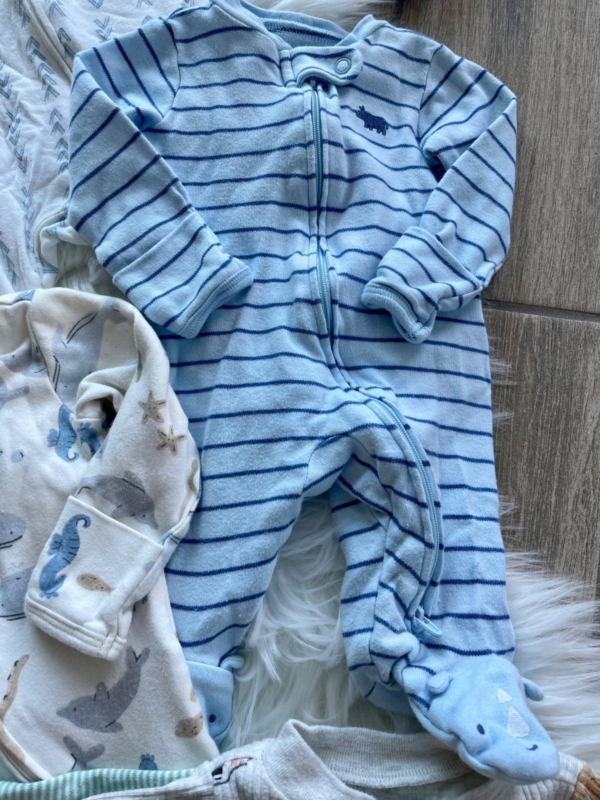 Mixed Baby Boy Newborn Footed Sleepers – Blue, Cream, Mint & Striped Set