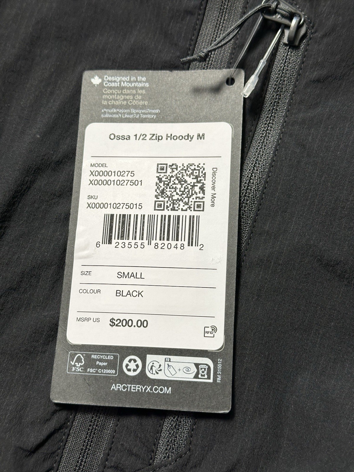 NWT Arc’teryx Ossa 1/2 Zip Hoody Jacket Mens SMALL Black Lightweight Pullover