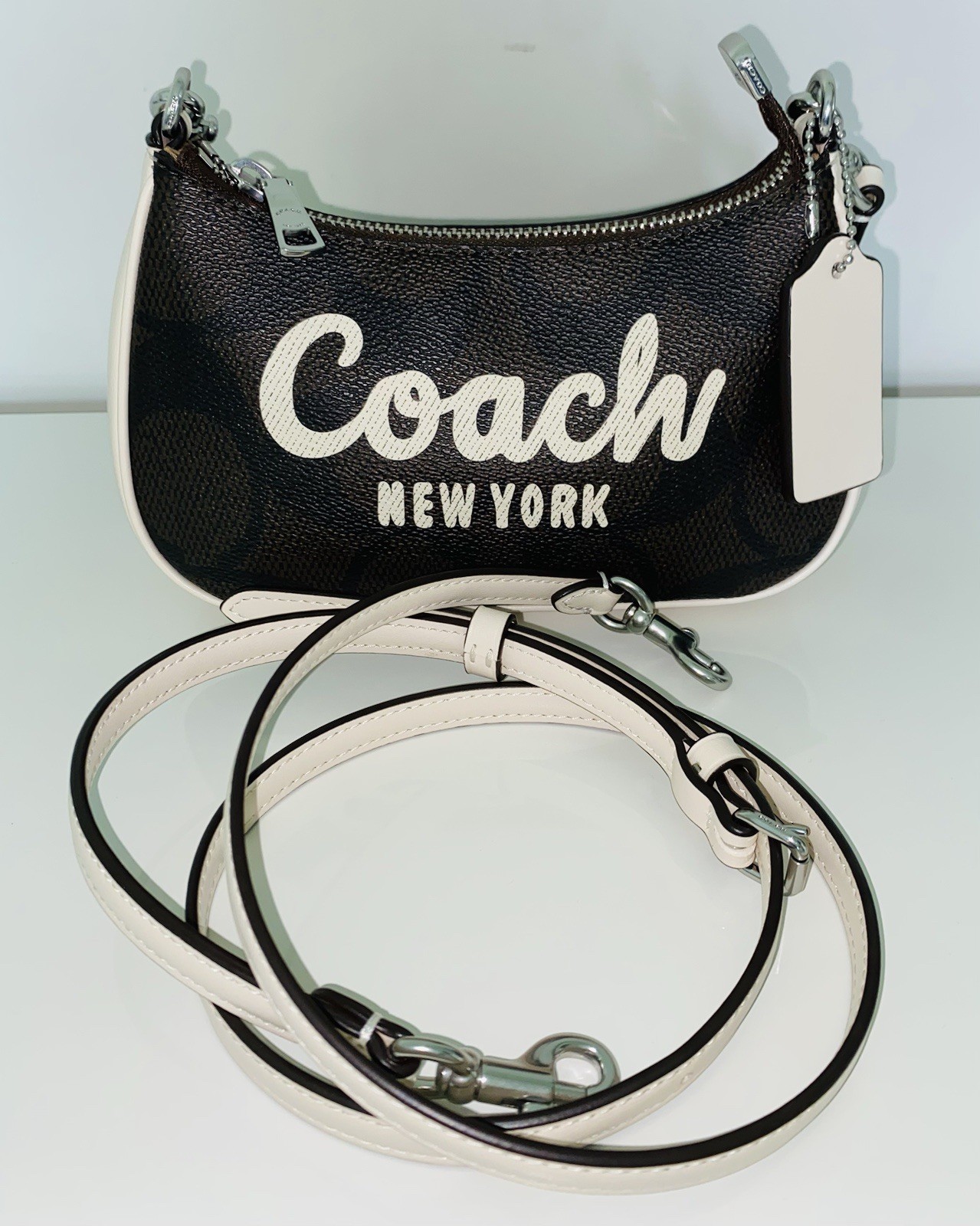 Coach Teri Mini Crossbody Leather Bag, Signature Canvas Coach Graphic, Worn Once