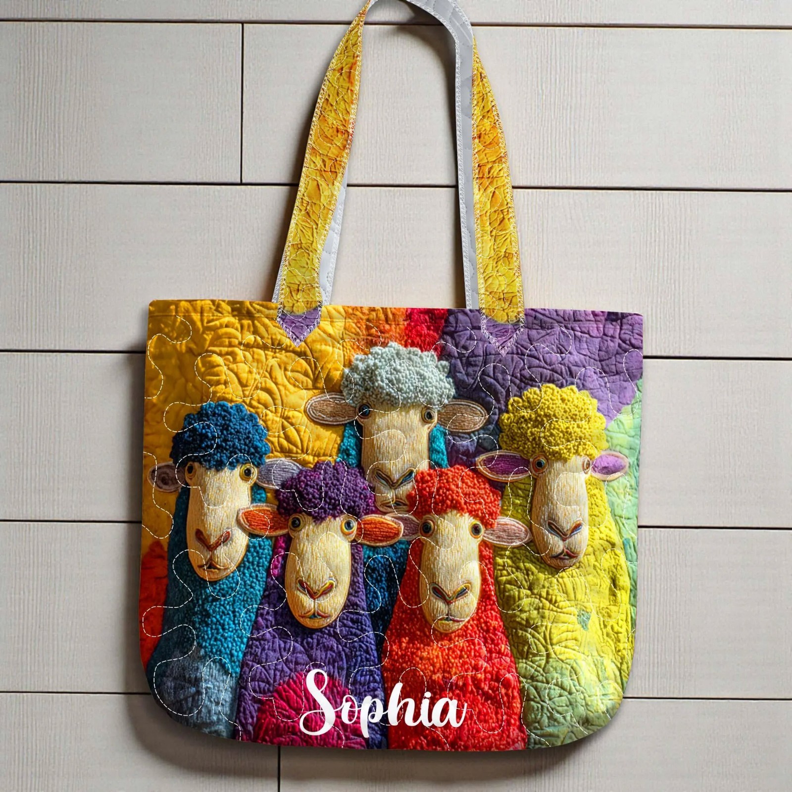 Vibrant Quilted Sheep Tote Bag Personalized Name Colorful Farm Animal Daily Bag