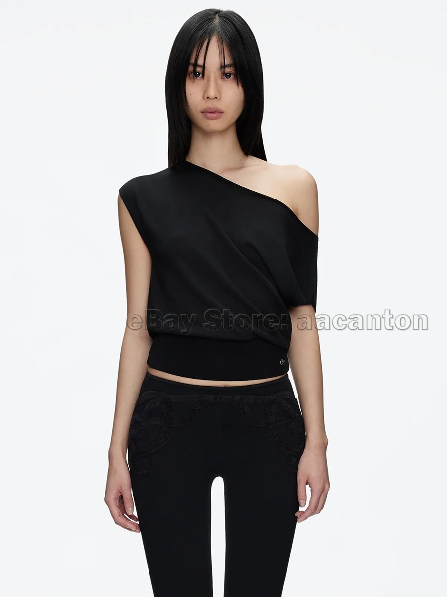 Tank Air Black Short Sleeved Off-Shoulder Tops Lightweight Knit T-shirts New