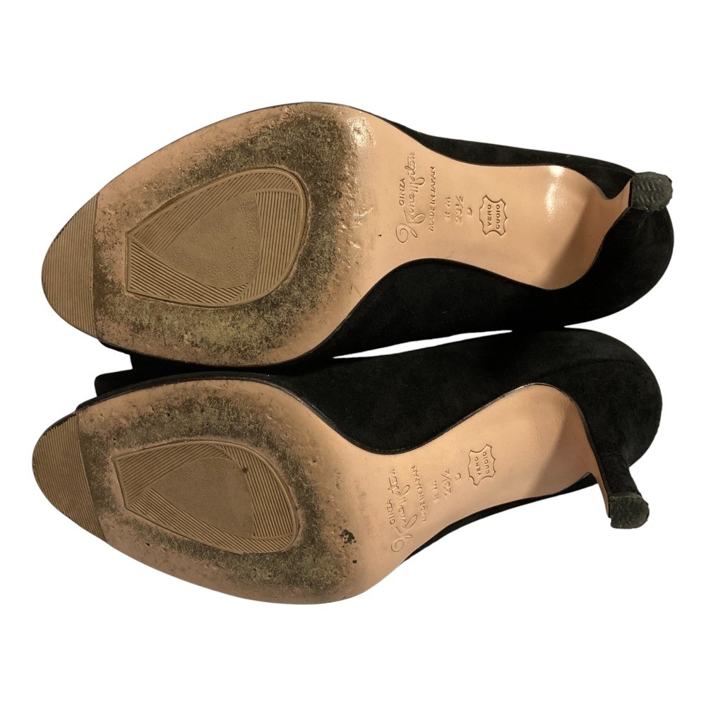 Ginza Kanematsu Suede Ribbon Open-Toe Pumps, Size 9.3, Black Women USED
