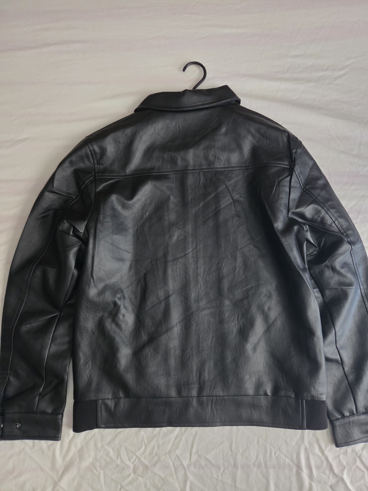 TF Men’s Black Leather Biker Jacket M Regular Full Zip Band Collar Pockets