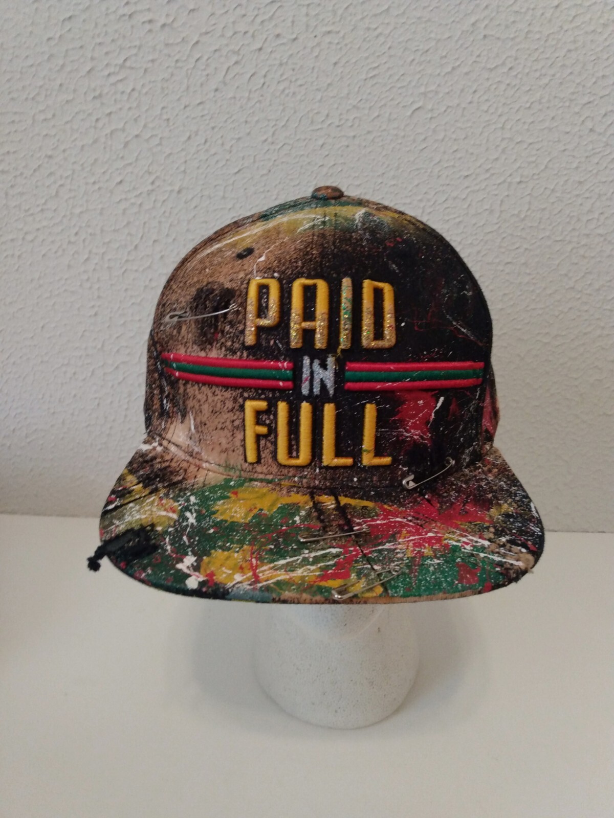 Top Level Paid In Full Distressed Pins Paint Splatter Snap Back Hat Cap