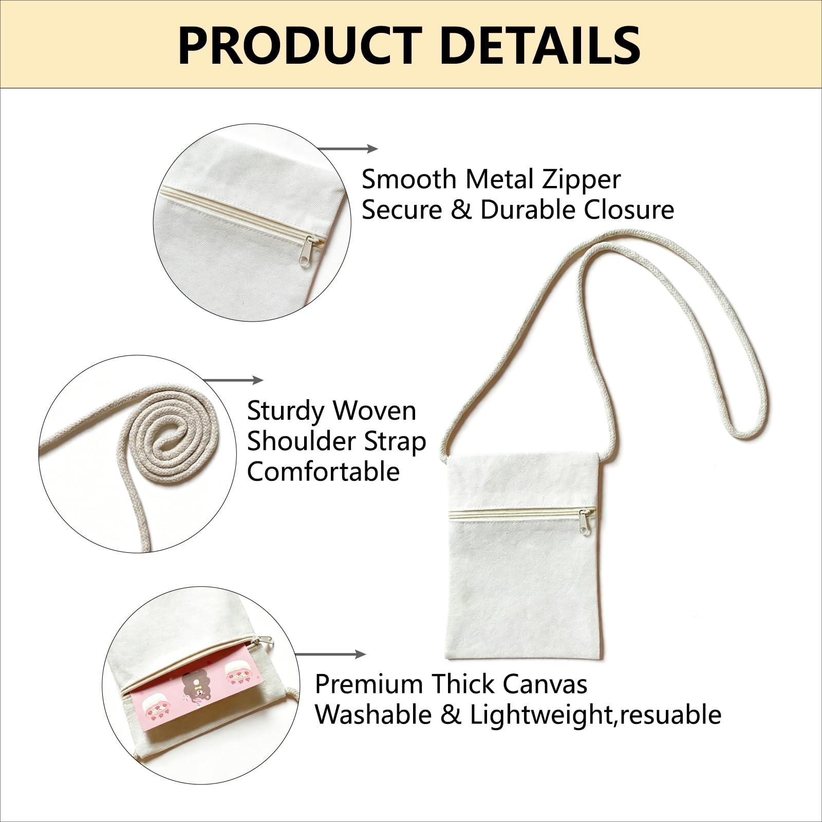 6Pcs 13x17cm Blank Canvas Crossbody Bag,Bulk Mini Zipper Shoulder Bags,Cloth