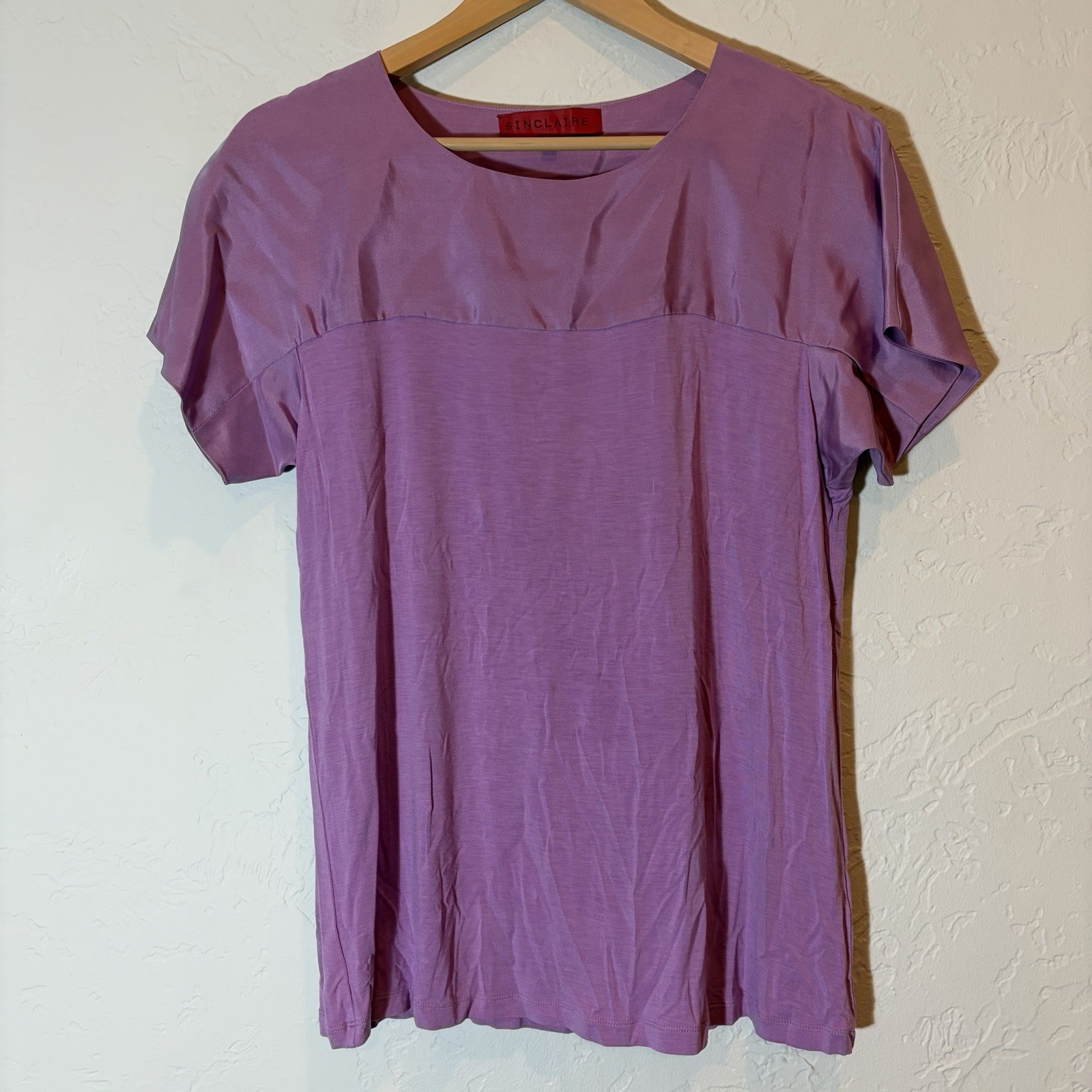 Sinclaire Women’s L Mauve Purple Silk Panel Stretch Short Sleeve Blouse Top