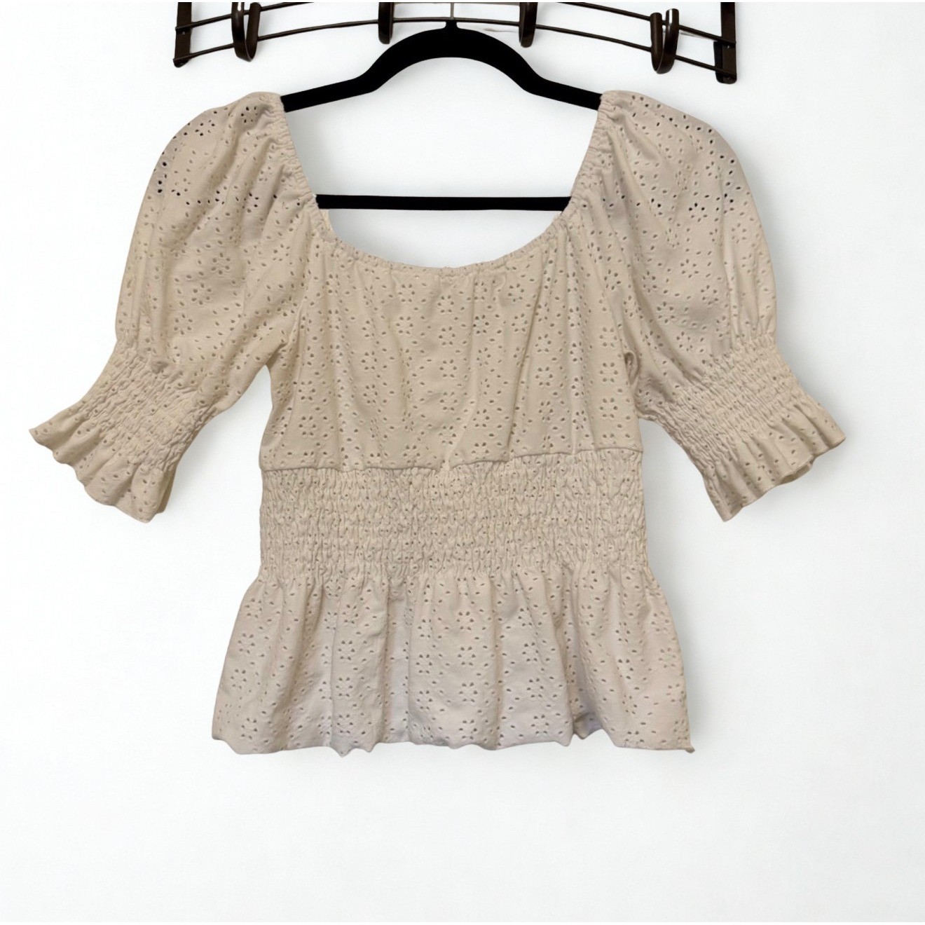 URBAN Romantics White Eyelet Smocked Peplum Top Square Neck Cottagecore Small