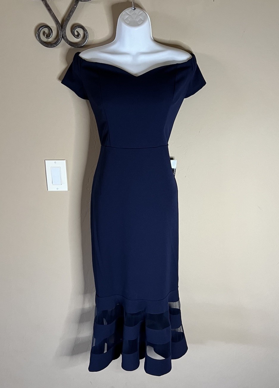 New Rebecca B. Navy Off Shoulder Sweetheart Neckline Midi Dress 8