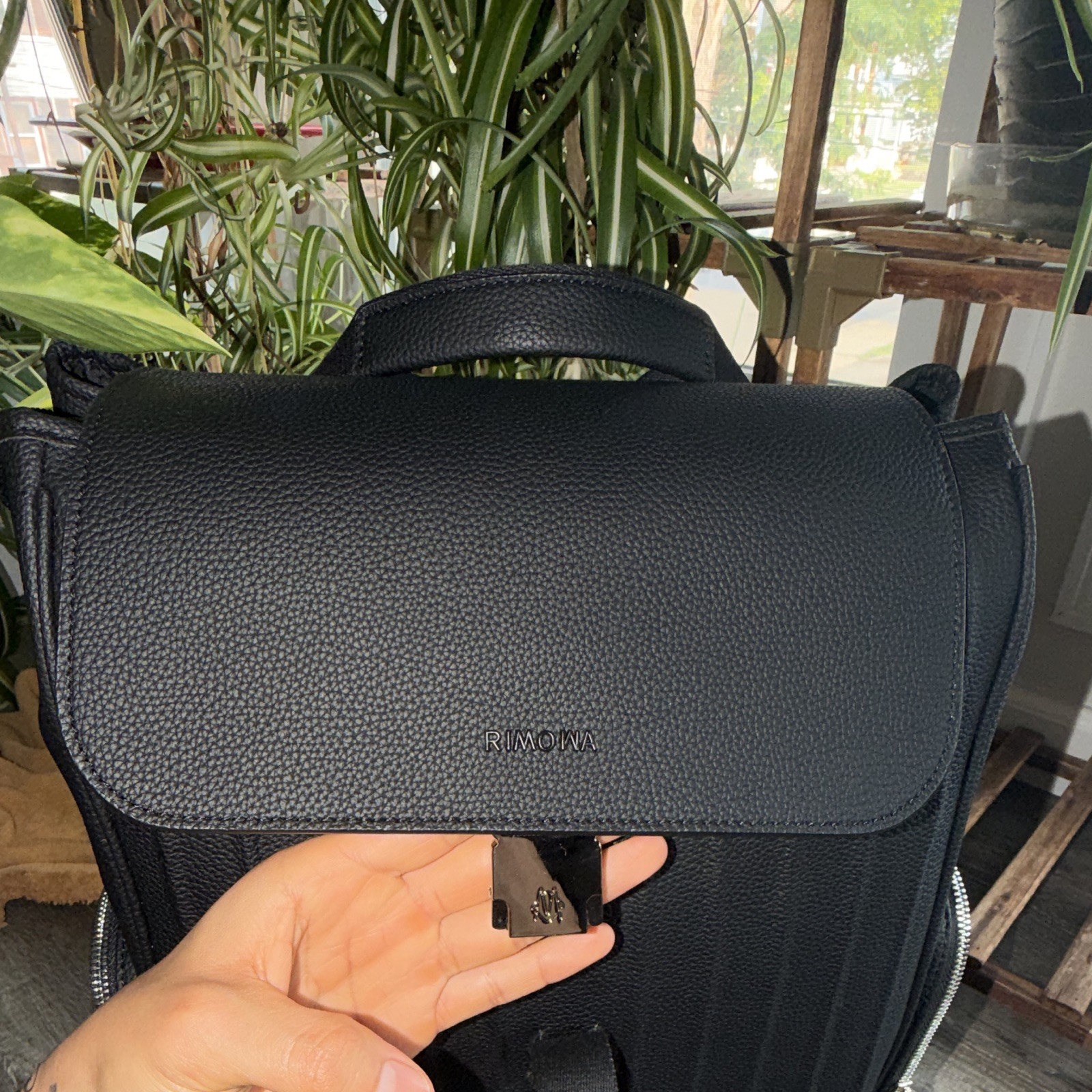 RIMOWA Black Large Flap Backpack Top Handle Outer Pockets Buckle Zip