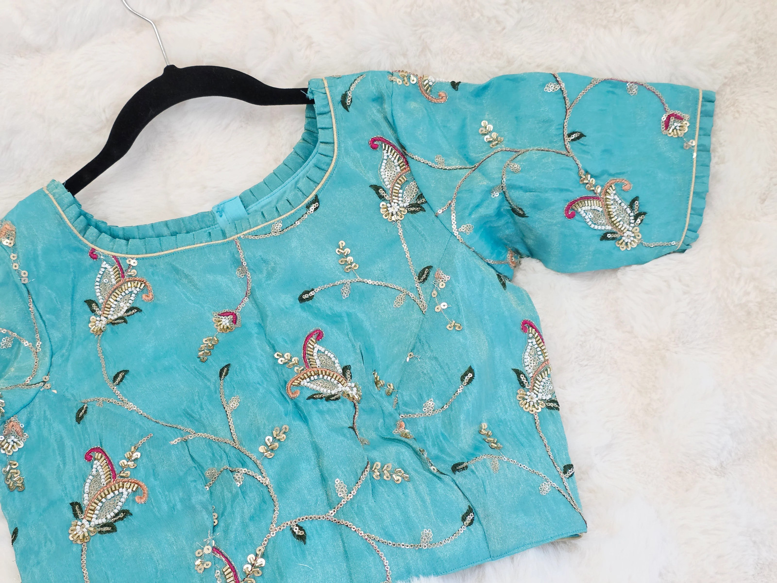 Aqua Blue Tissue Fabric Embroidered Sequins Designer Blouse