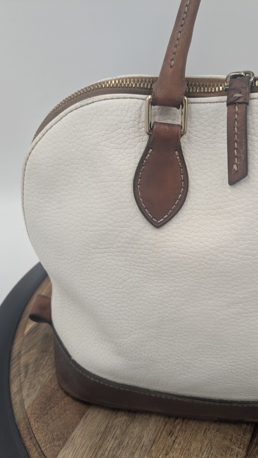 Dooney & Bourke Pebble Grain White Leather Zip Dome Satchel British Tan Purse