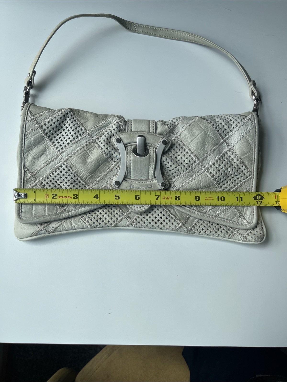 Makowsky Gray Leather Shoulder Bag Perforated Patchwork Silver Hardware Purse