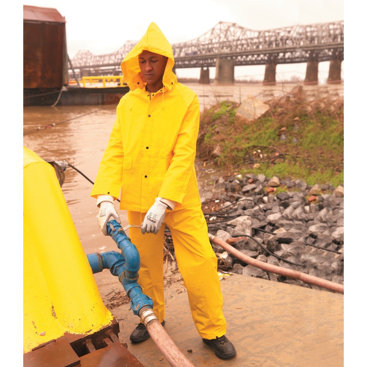 3 Piece Safety Rain Suit Yellow Rain Jacket with Detachable Hood and Overalls