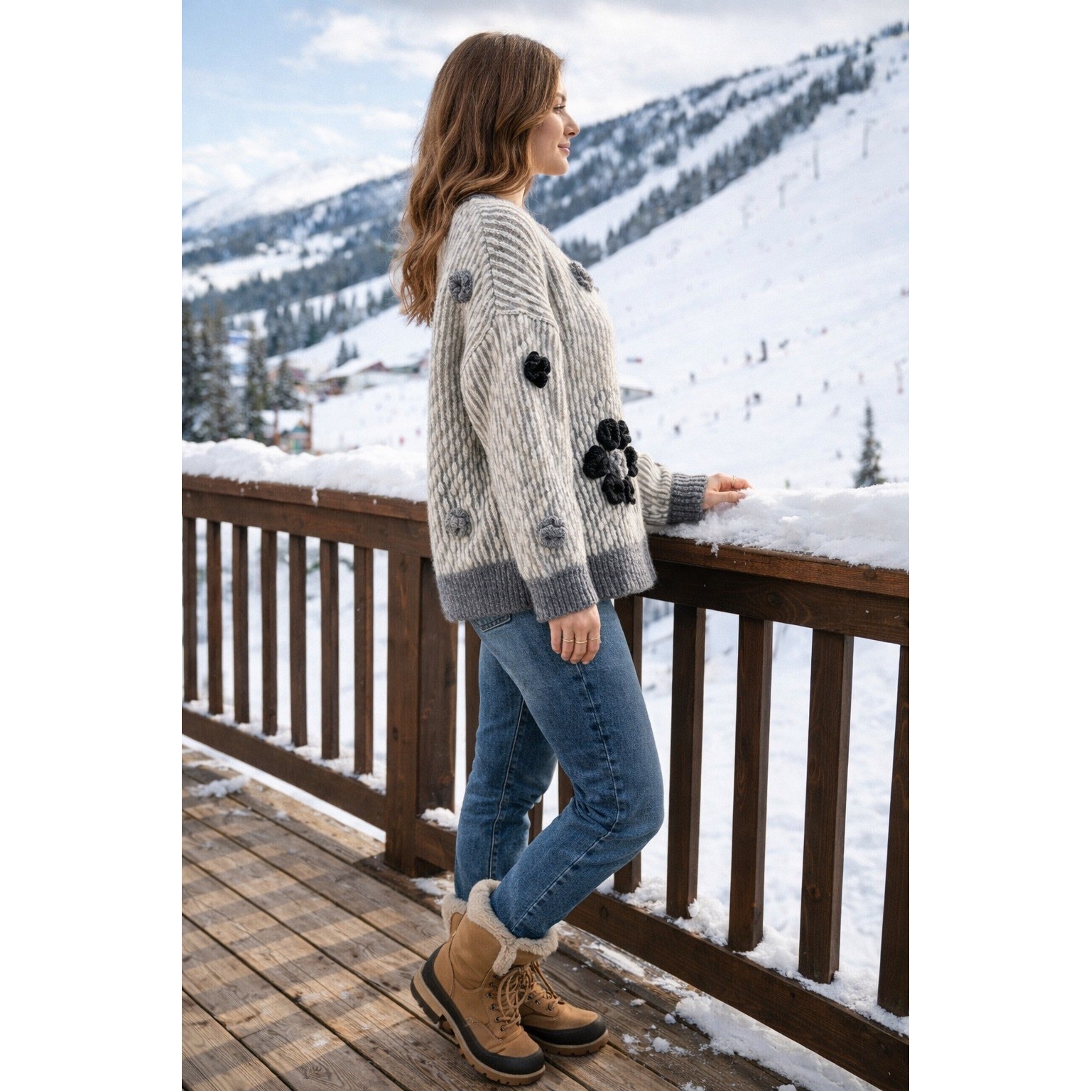 Grannycore Chunky Knit Oversized 3D Crochet Flower Sweater Women Grey Boho Large