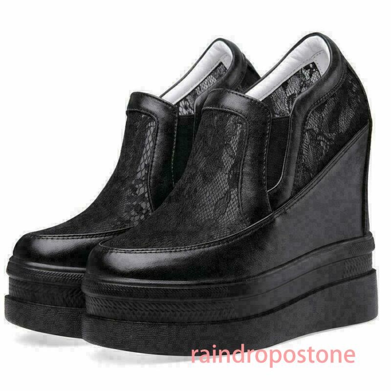 14cm Womens Leather Shoes Wedge Heel Sneakers Platform Lace Slip on Elegant Chic