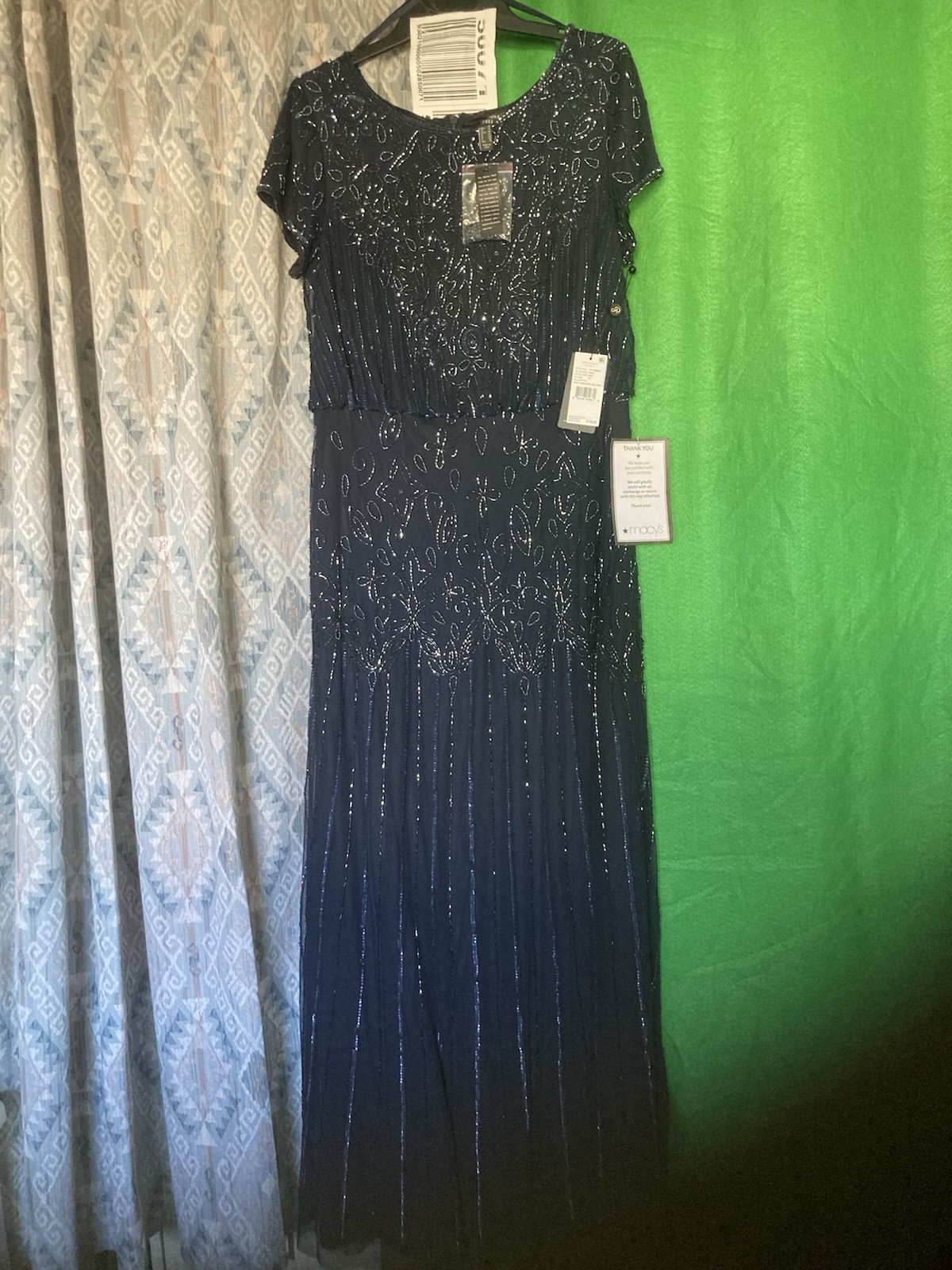 Adrianna Papell Size 14 Blue Beaded Sequin Mesh Long Gown, Short Sleeve