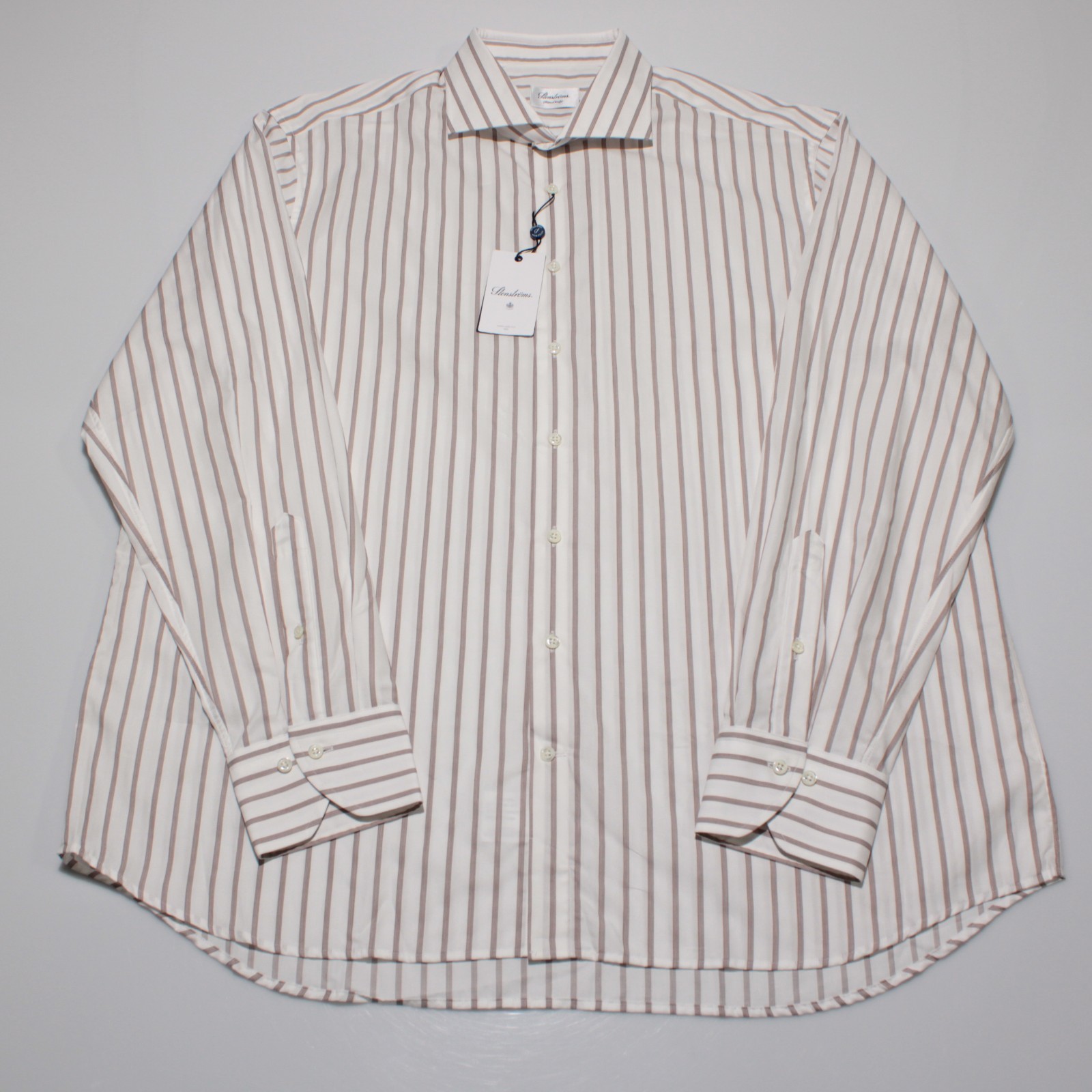 Stenstroms NWT Dress Shirt Size 46 18 in White with Brown Stripes 100% Cotton