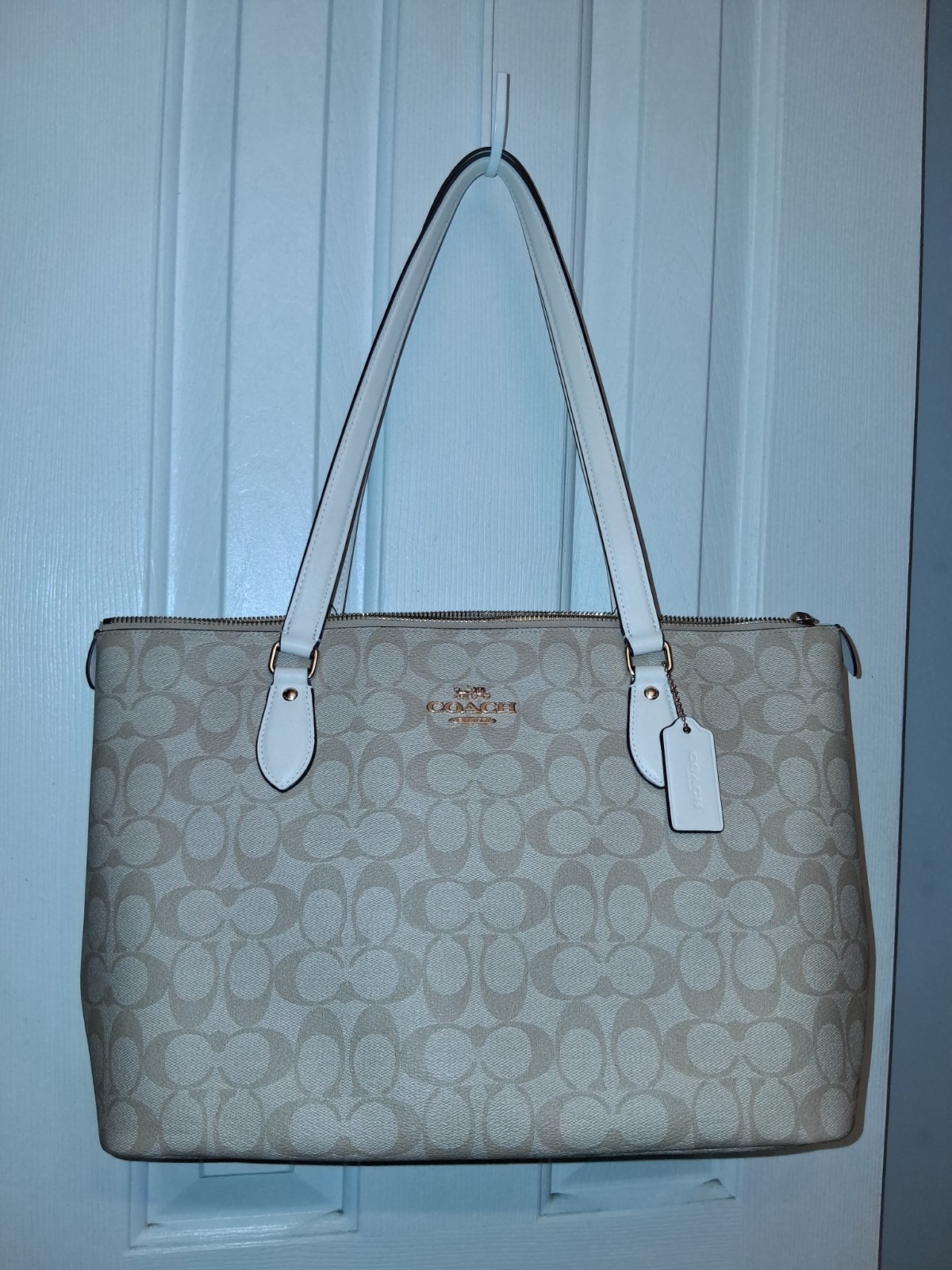 Coach CH504 Cream, Tan Canvas and Leather Signature Gallery Tote Bag Purse