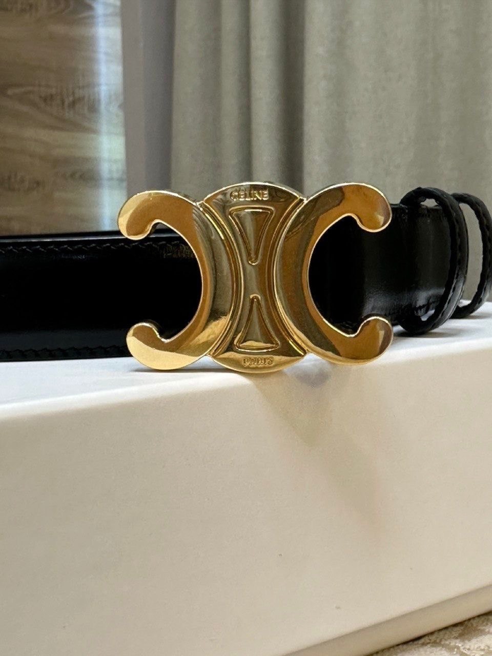 CELINE Triomphe Belt Black Smooth Leather Gold Buckle Logo Box Dustbag Size 85