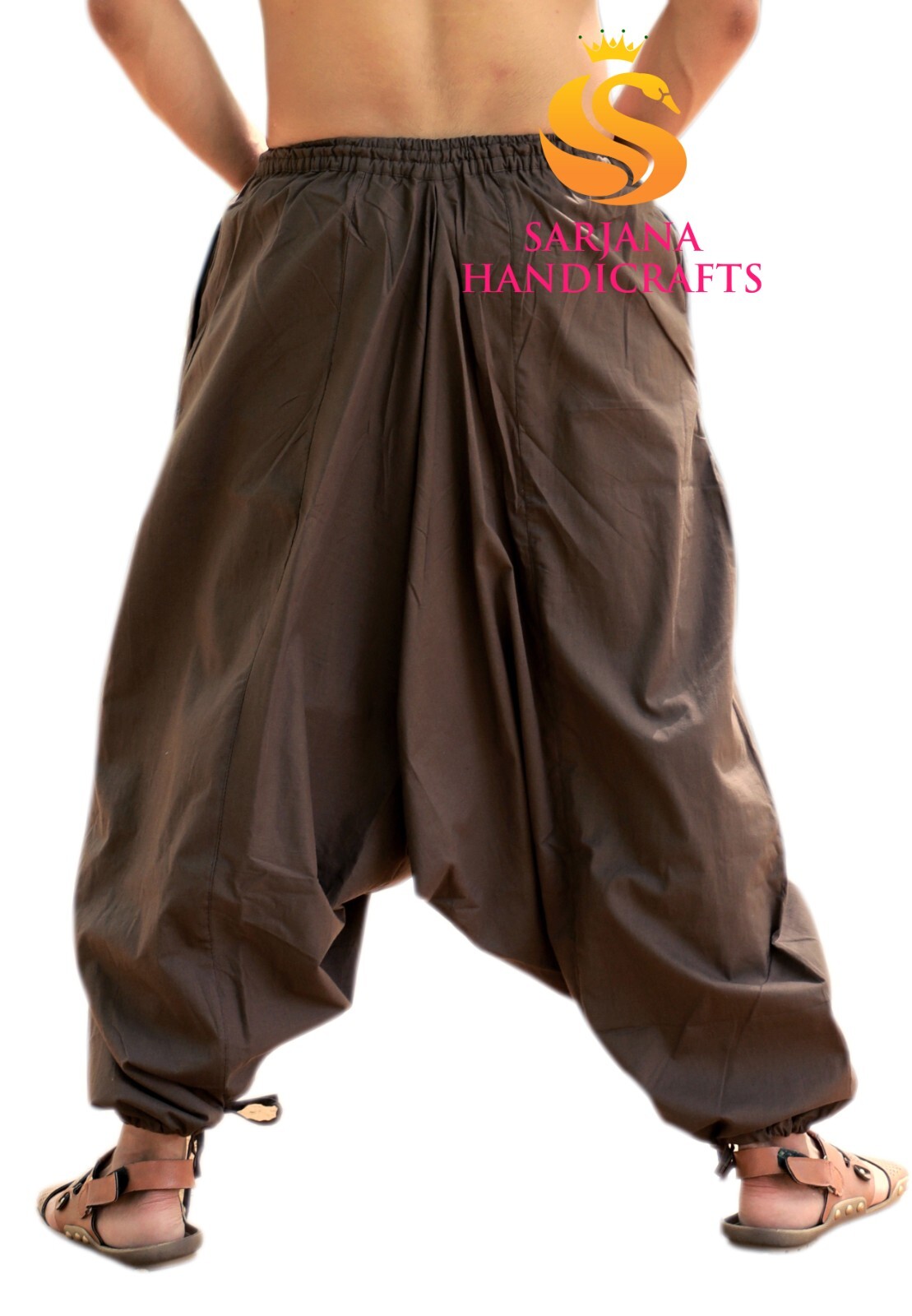 Men Women Cotton Solid Brown Harem Pants Gypsy Hippie Drop Crotch Trouser Genie