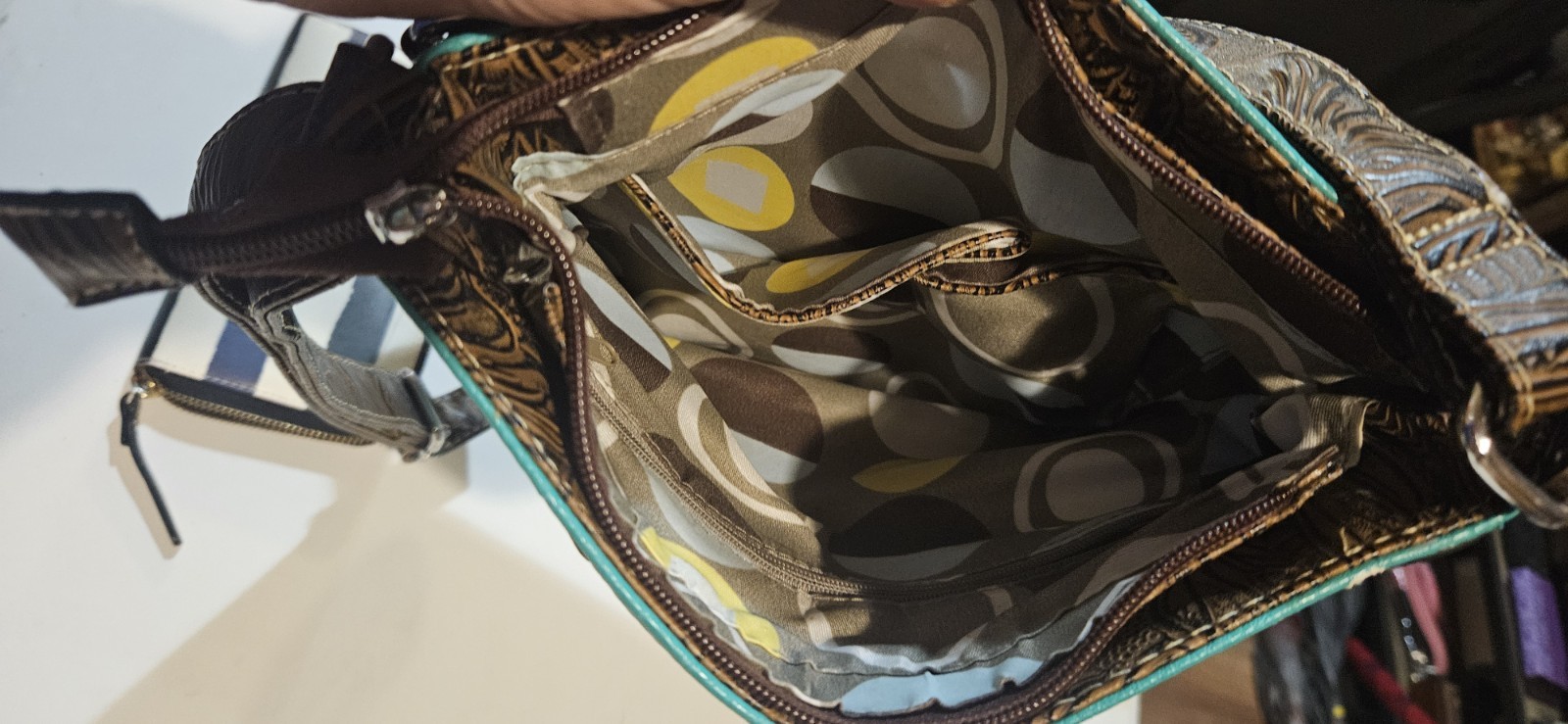 Turquoise/Brown Western Crossbody Bag Embossed Cross Accent Zip, Pockets Lined