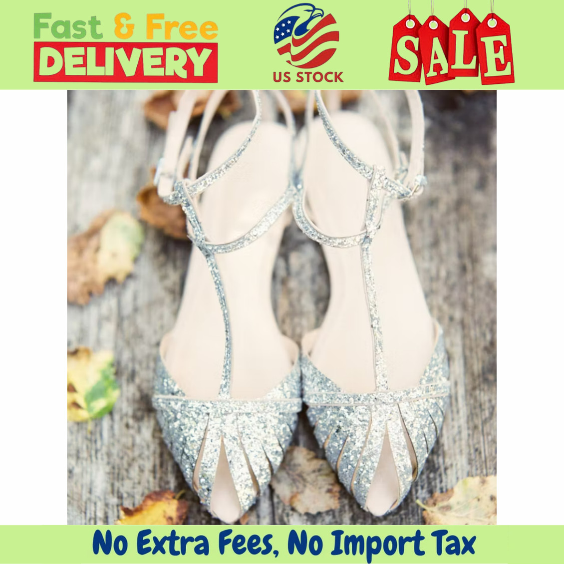 FSJ Silver Glitter Wedding Flats Pointed Toe Cut Out T-Strap Sandals
