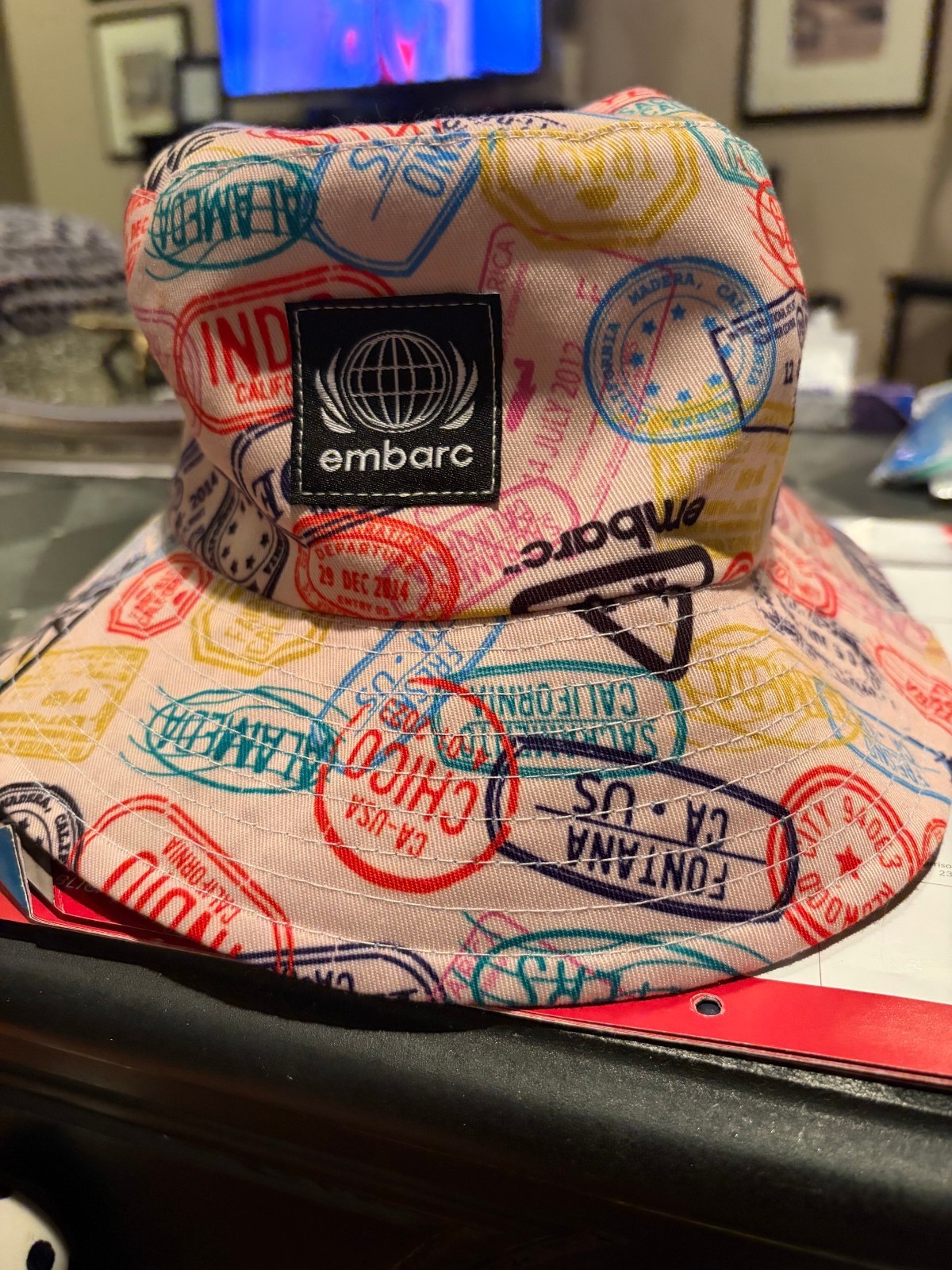 Embarc Bucket Hat Passport Stamp Print White Adult One Size Cannabis Dispensary