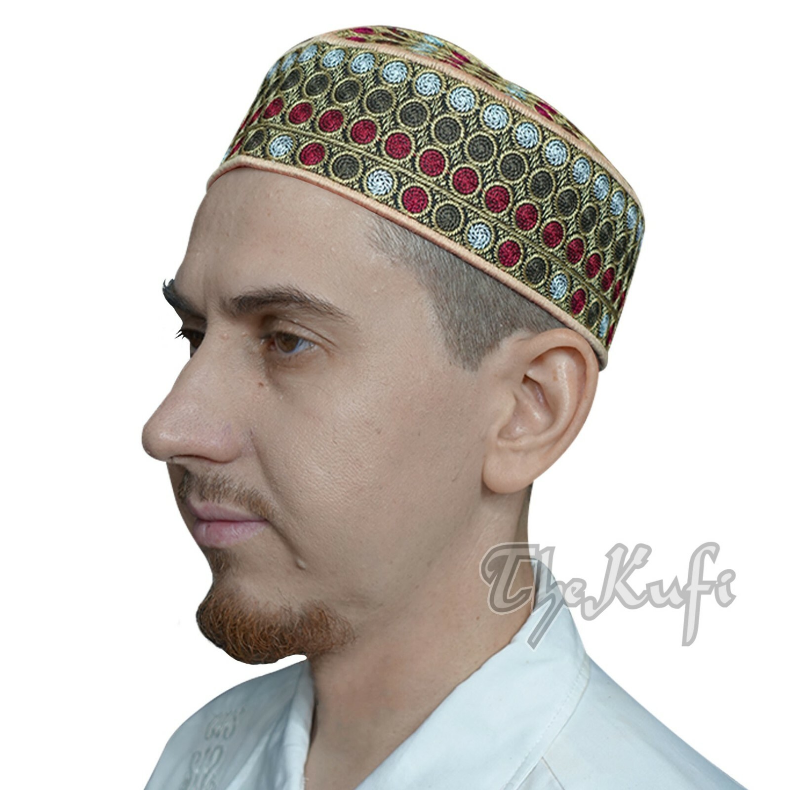 Khaki Green Maroon Embroidered Circle Design Semi-rigid Pakistani Style Kufi