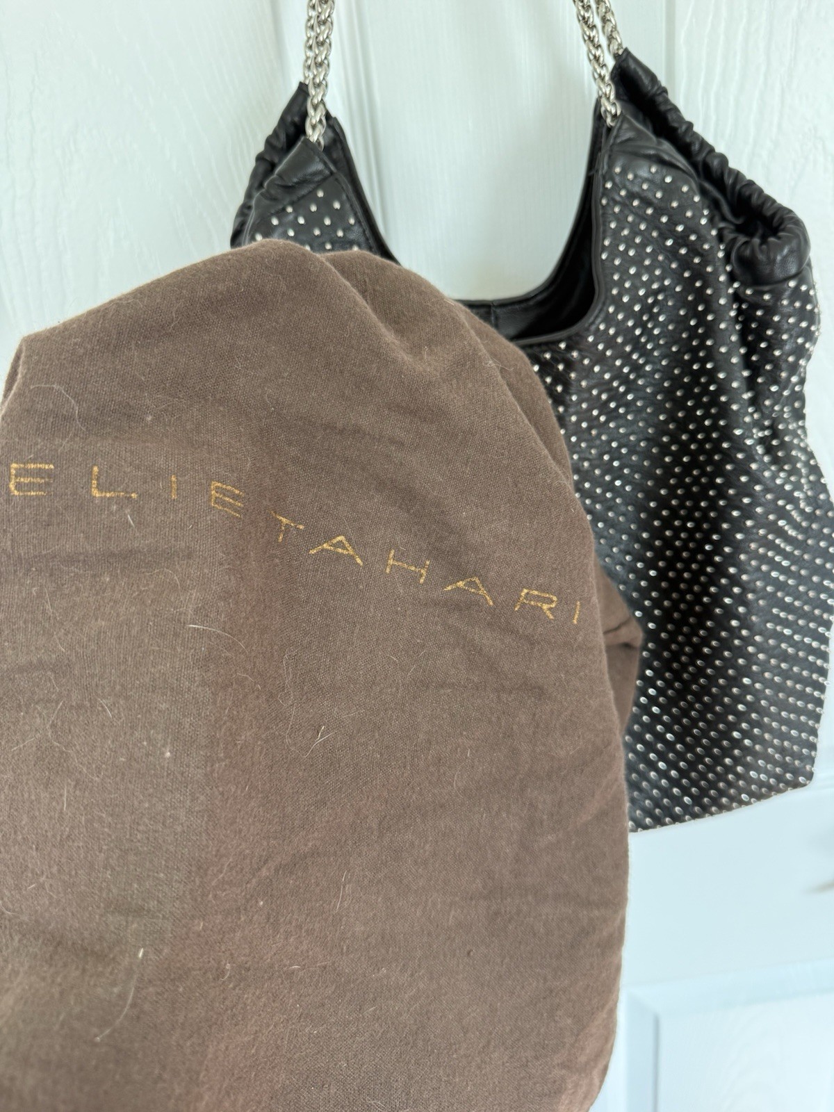 Elie Tahari Bianca Tote Shoulder Bag handbag Studded leather with metal straps