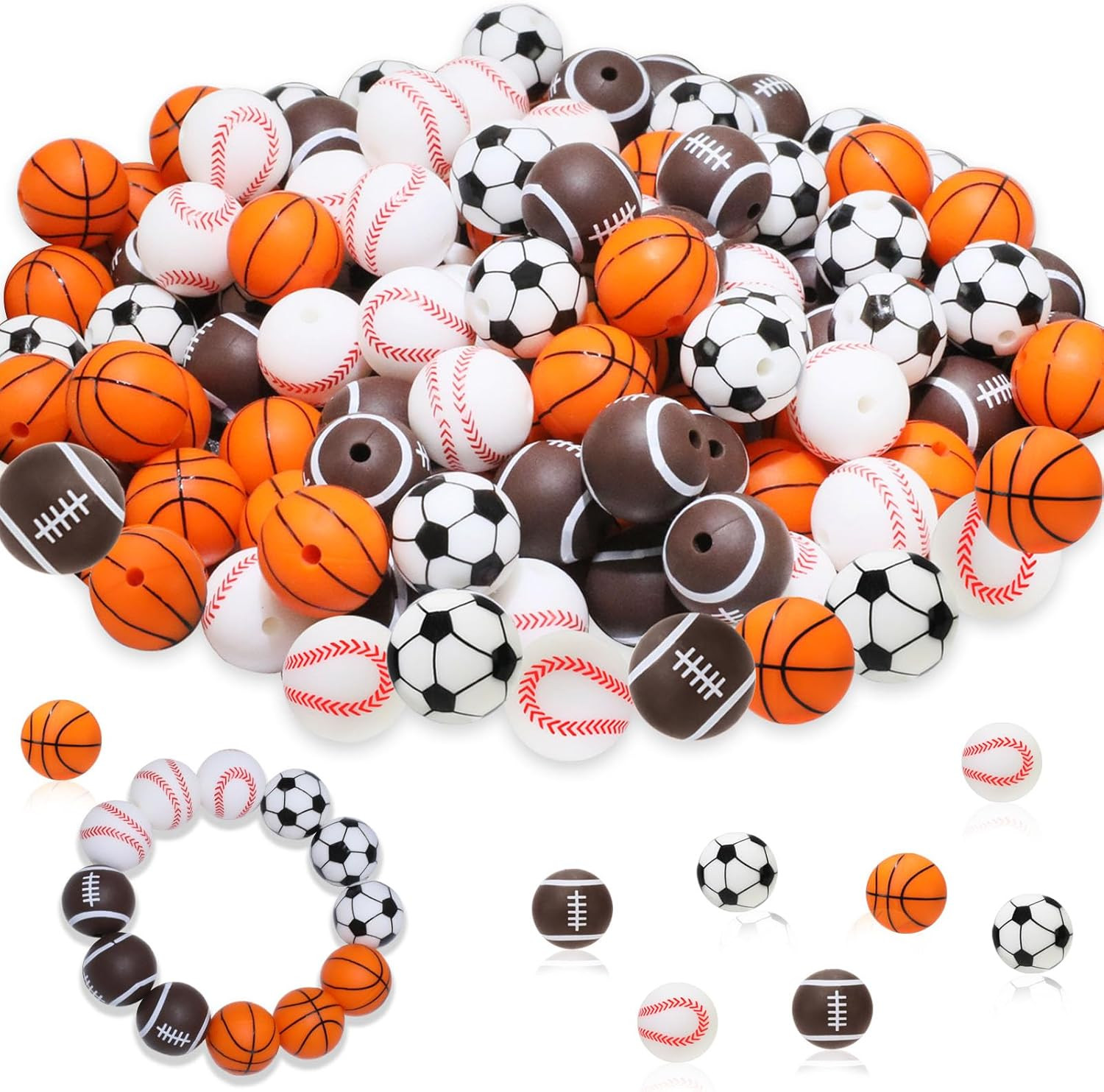 24 Pcs Print Silicone Beads Sports, 15mm Soft Rubber Round for Keychain Wristlet