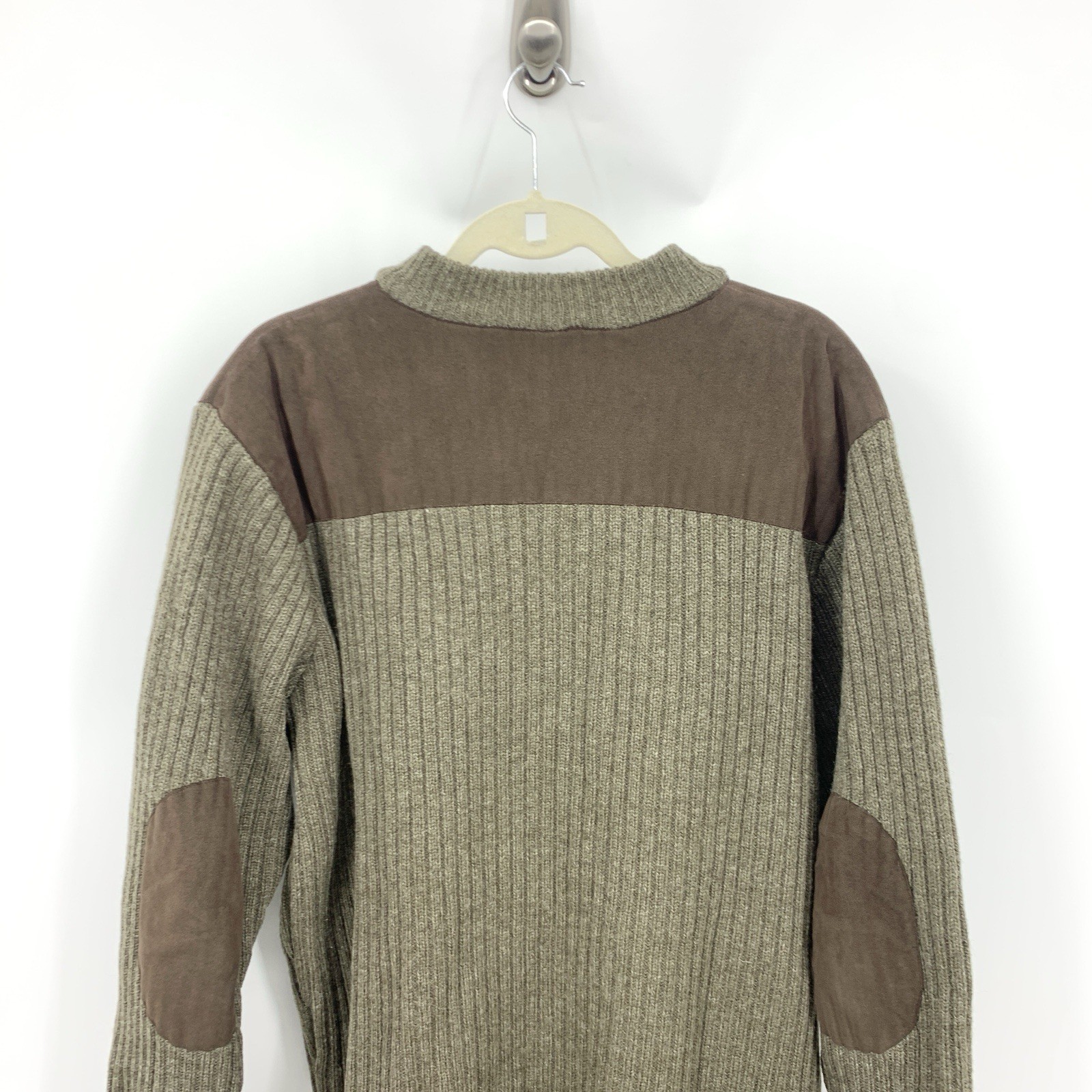 LL Bean Men Size XL Sweater Commando 100% Wool Brown Elbow Patches Henley Knit