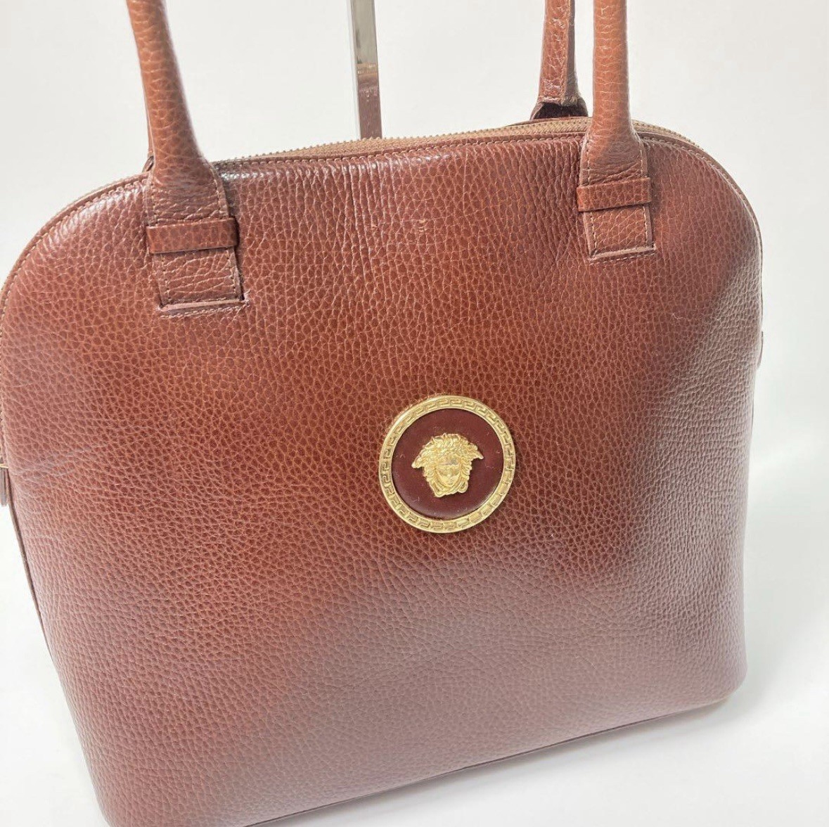 Versace Leather Tote Bag Brown Vintage Classic Medusa Elegant